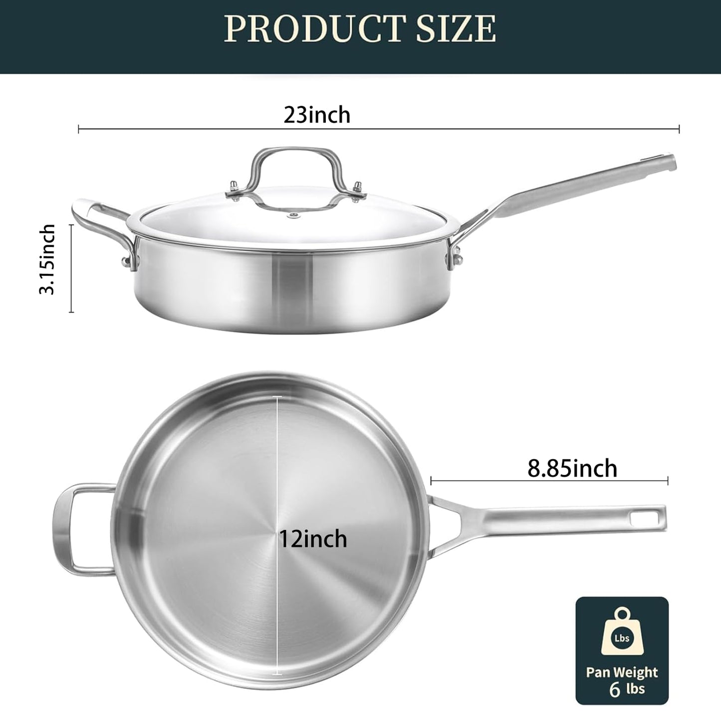 Tri-Ply Stainless Steel Saute Pan 6QT, 12 Inch Deep Frying Pan with Lids, 3-Layer Saute Pan with Lid Large Skillet with Stay Cool Handle, Induction Pan, Dishwasher and Oven-Safe