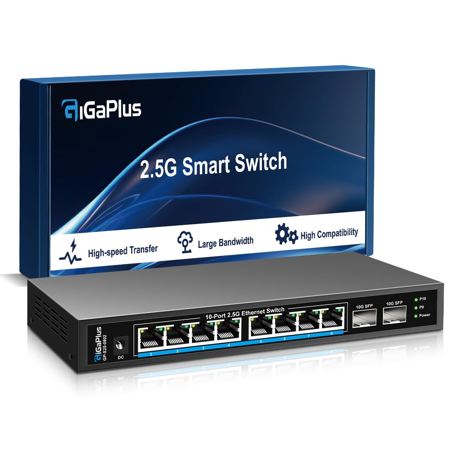 10 Port 2.5Gb Unmanaged Ethernet Switch with 8* 2.5G Base-T Ports, 2* 10G SFP+ Ports. GiGaPlus 2.5Gbps Network Switch for 2.5Gbps NAS/PC, WiFi6 Router, Wireless AP. Fanless Design, Plug and Play