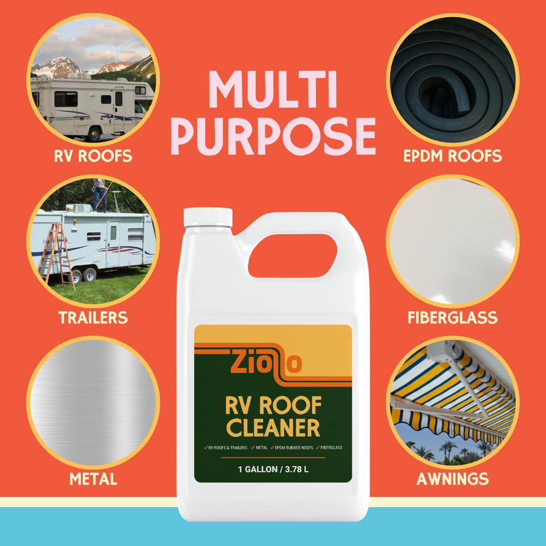 Ziollo RV Roof Cleaner - Fast-Acting Formula for EPDM & TPO Rubber, Fiberglass & Metal Roofs - Natural Citrus Outdoor Cleaner - Stain Remover for RV Exterior - 1 Gallon