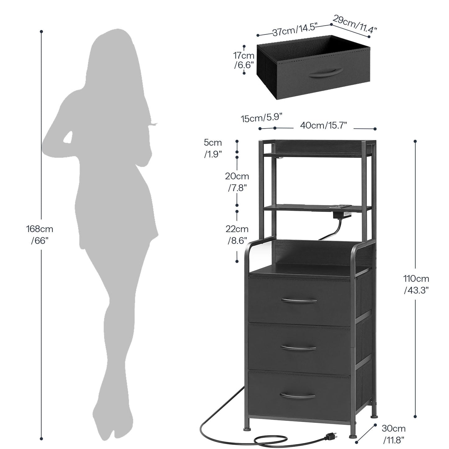 HOOBRO Tall Nightstand with Charging Station and LED Lights, Multifunctional Bedside Table with 3 Drawers and Open Shelves, USB-A, Type-C, 2 AC Outlets, Modern End Table for Bedroom, Black BB206UDBZ01