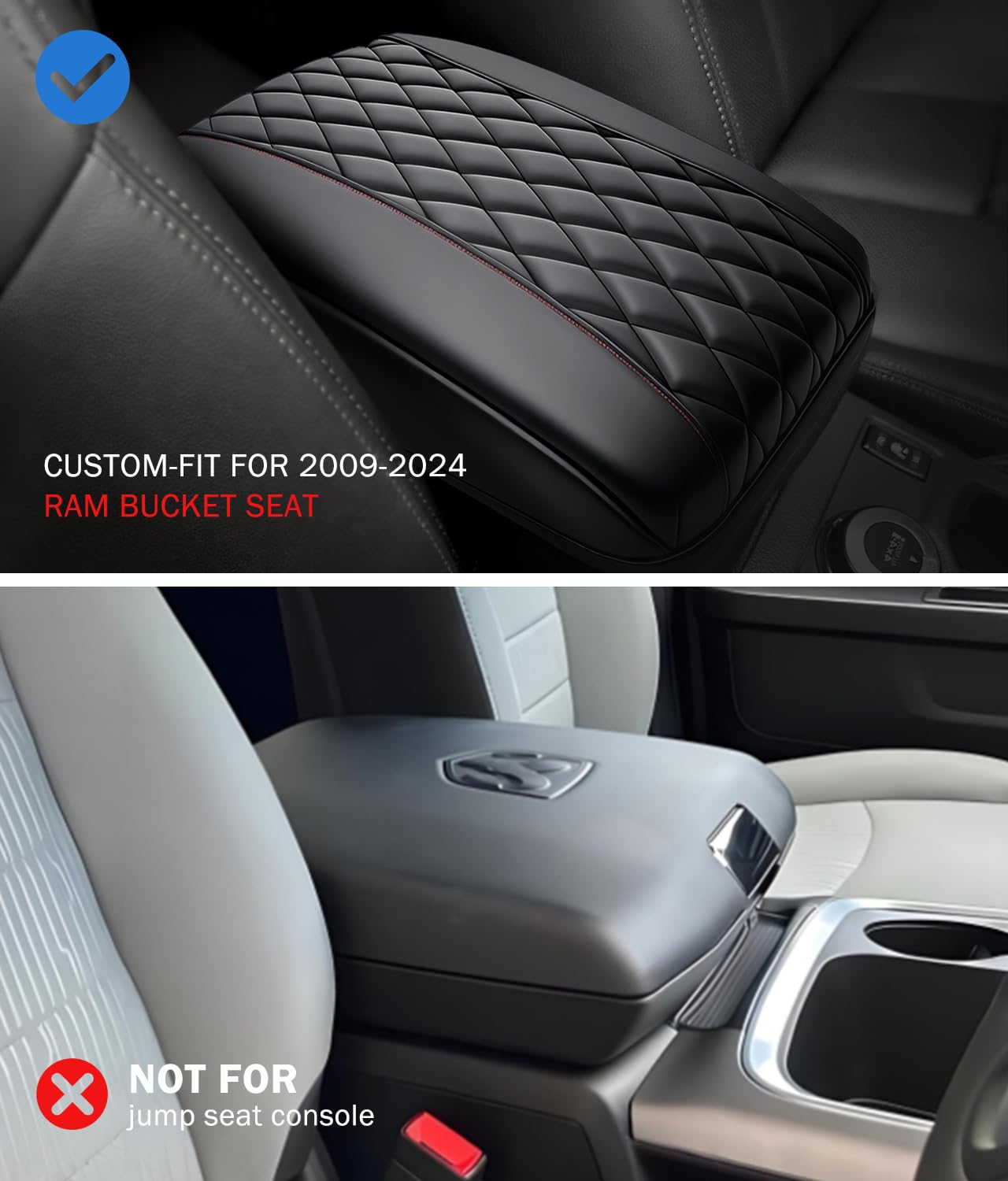 KIMCARLEY Center Console Cover for 2019-2025 2026 Dodge Ram 1500/2500/3500 Accessories, Leather Middle Armrest Console Cover Elbow Arm Rest Cushion for Car Anti-Scratch(Bucket Seat Console Only)