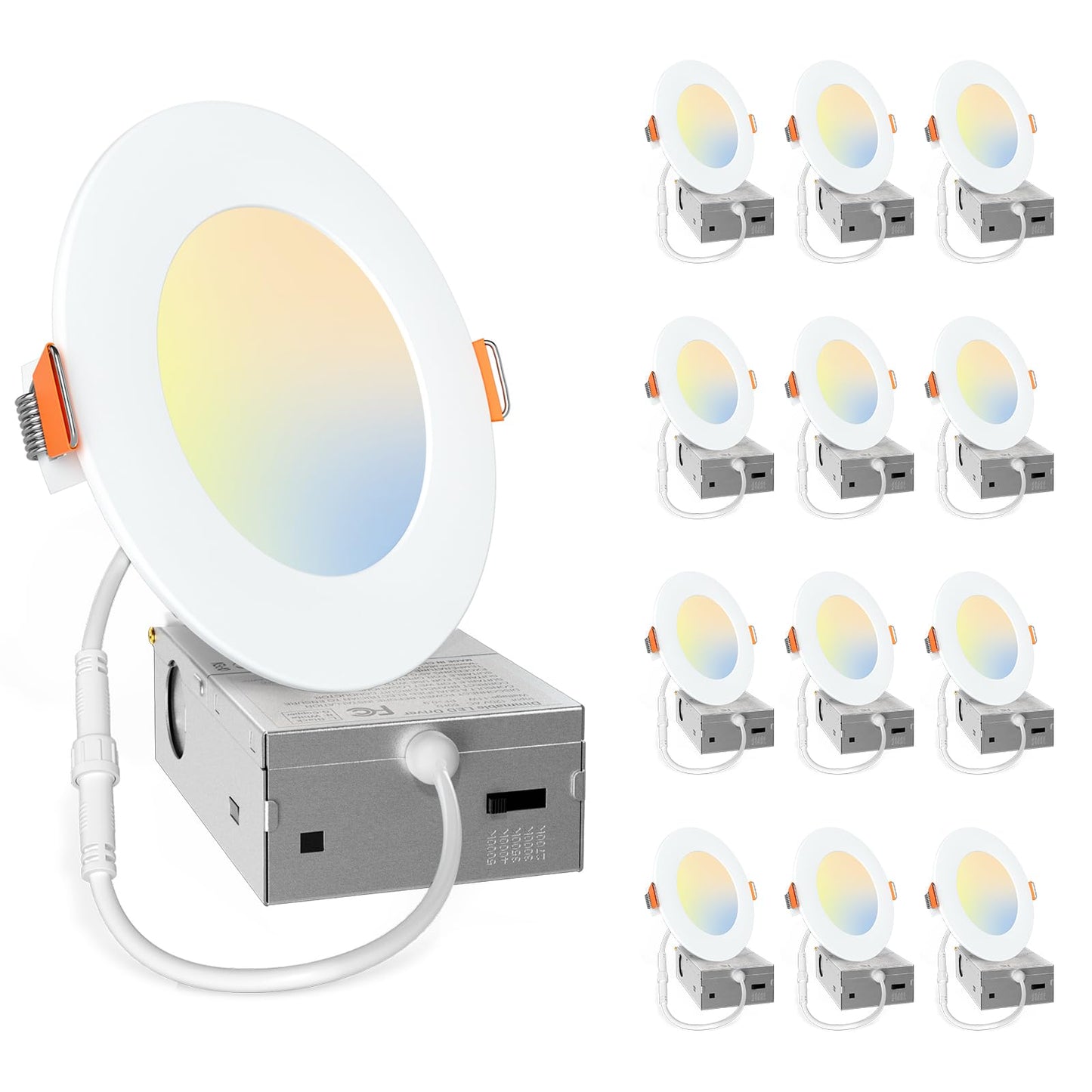Amico 12 Pack 4 Inch 5CCT LED Recessed Slim Pot Light with Junction Box, 2700K/3000K/3500K/4000K/5000K Selectable, 11W Eqv 70W, Dimmable IC-Rated Ceiling Lighting, 800LM High Brightness - ETL
