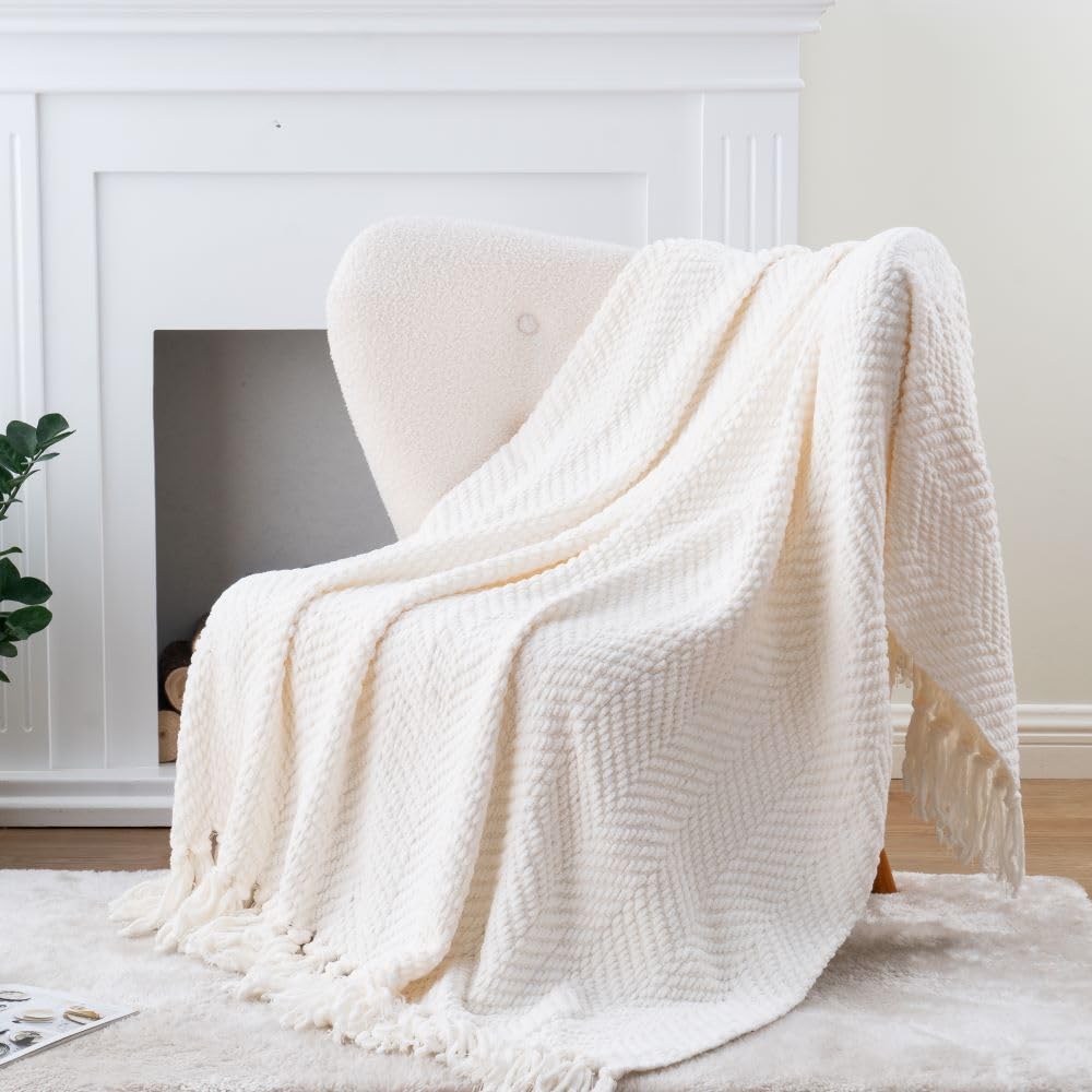 BATTILO HOME Cream Throw Blankets for Couch, Textured Knitted White Throw Blanket with Tassels, Ivory Blanket for Bed Sofa Cover Living Room, Soft Warm Cozy Large Cream Blanket for Home Decor,60"x80"