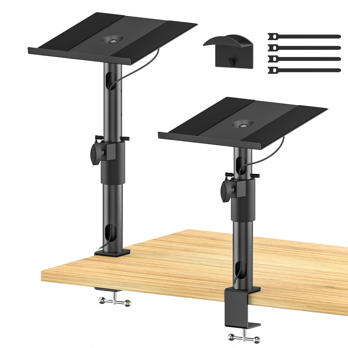 Clamp-on Desk Speaker Stand Pair, Height&Angle Adjustable Desktop Bookshelf Speaker Stands for Samsung Q990D/Q990F, Fit Edifier/KRK/Klipsch/Yamaha Built-in Cable Management WR Headset Hook& Cable Ties