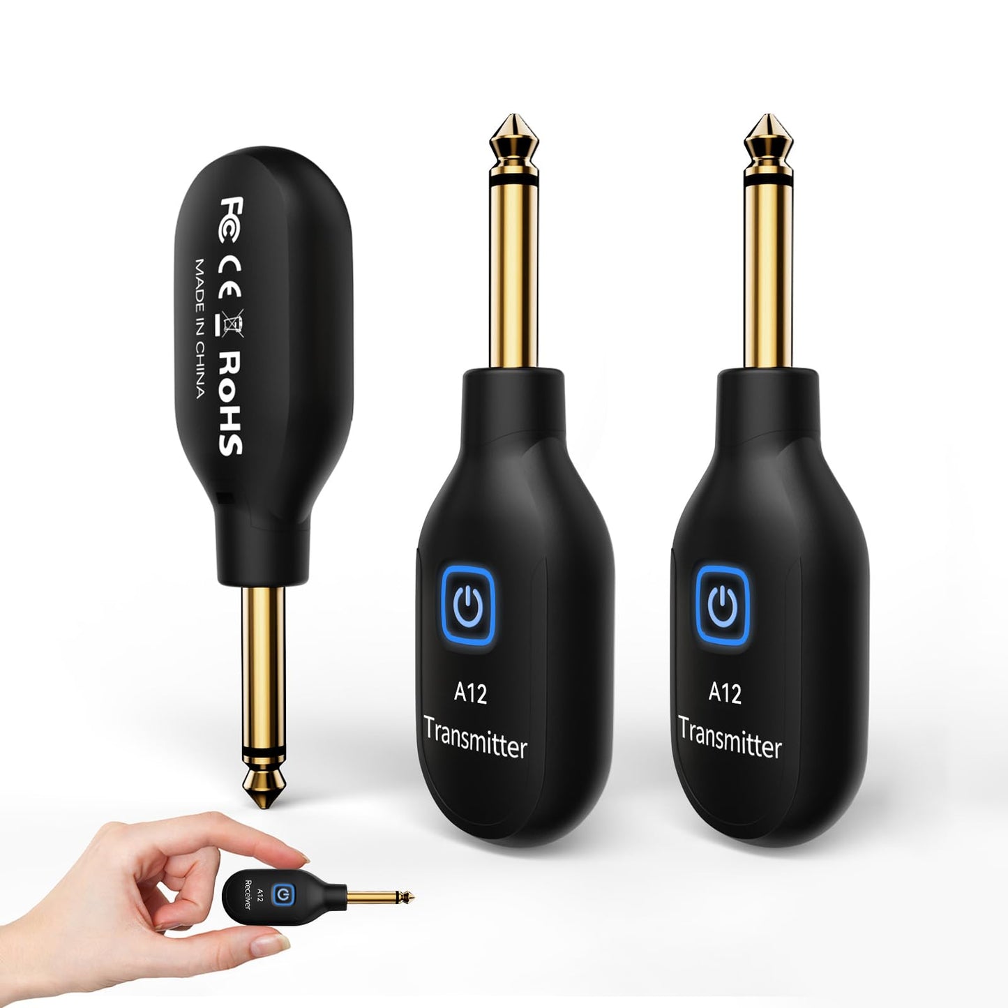 A12 Wireless Guitar Transmitter Receiver - 2.4GHz System, 24-bit 48KHz Audio, 100ft Range, No Latency, Rechargeable, Easy Pairing for Electric Guitar & Bass - Accessories (2TX+1RX)