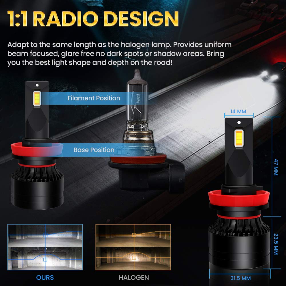 H11 LED Headlight Bulb, CAR ROVER 100W High Power 20,000LM Extremely Bright 6000K H8 H9 Conversion Kit Adjustable Beam (Pack of 2)