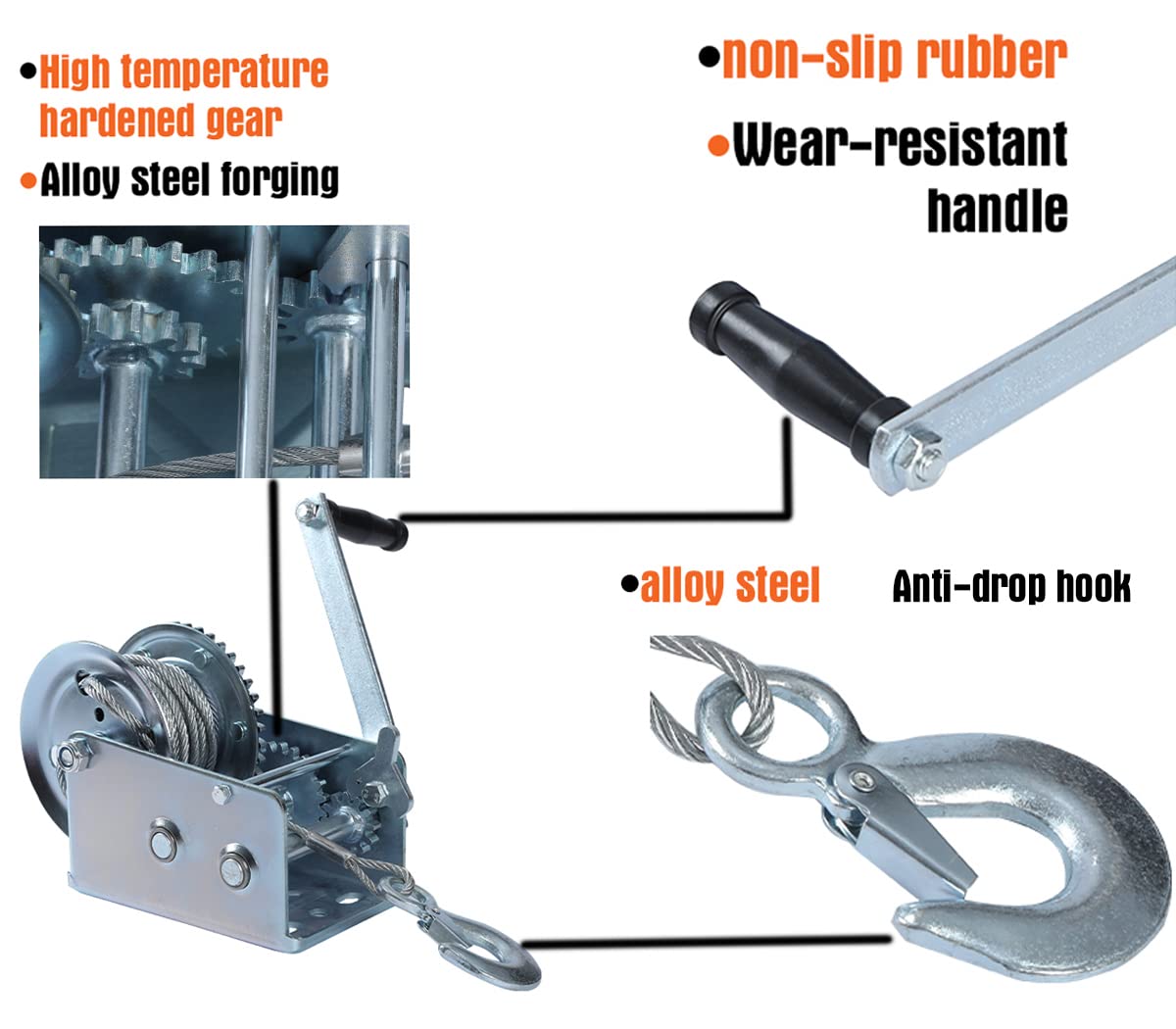 Hand Winch Heavy Duty 3500lbs with Steel Cable and Ratchet Handle Hook 2 Gear Manual Crank Towing Winch for ATV Boat Trailer Truck Auto Silver (3500)