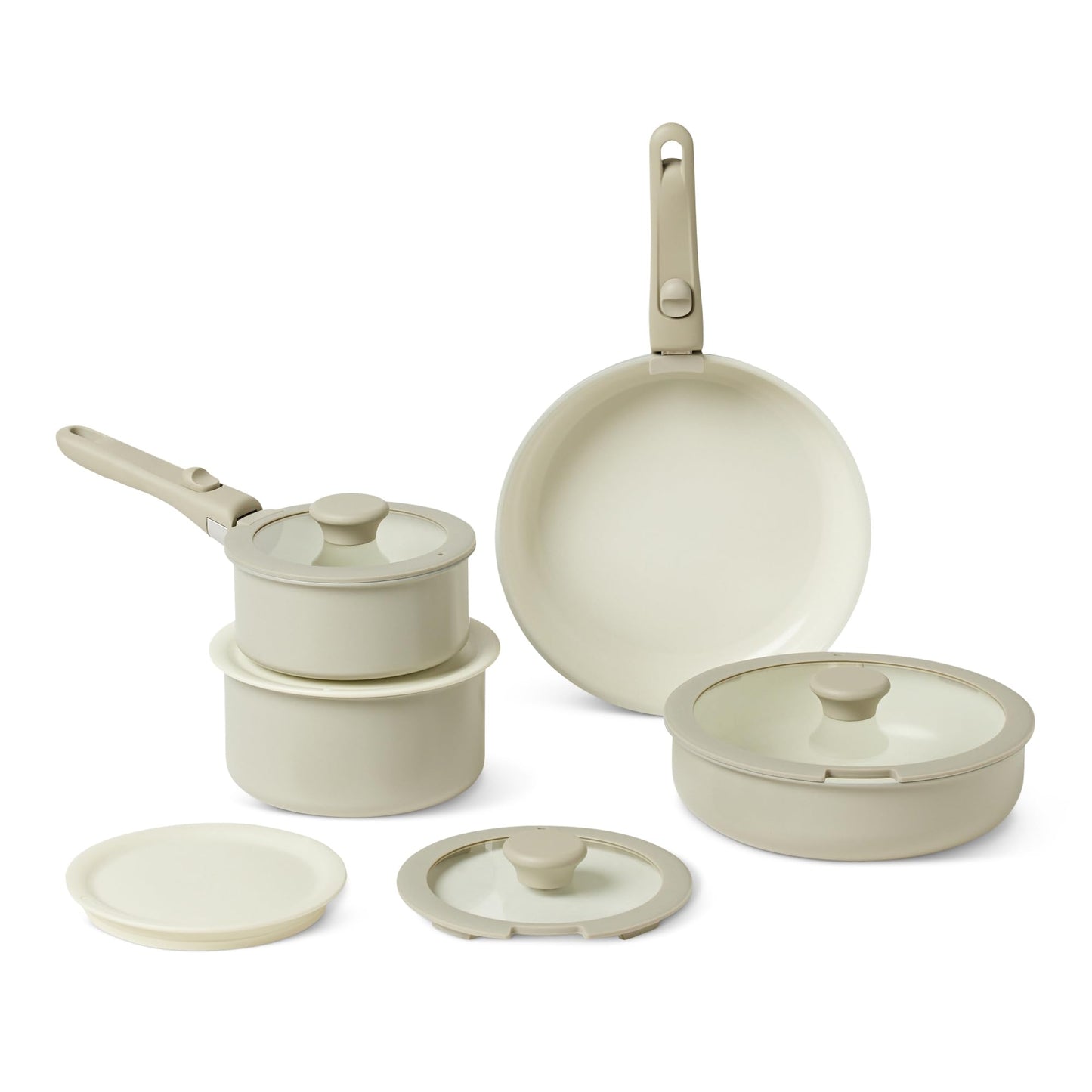 Amazon Basics Ceramic Nonstick Cookware Set with Detachable Handles, 11-Piece Stackable, All Cooktop Friendly, Dishwasher-Safe, Includes Saucepan, Frying Pan, Glass and Plastic Lids, Linen Gray