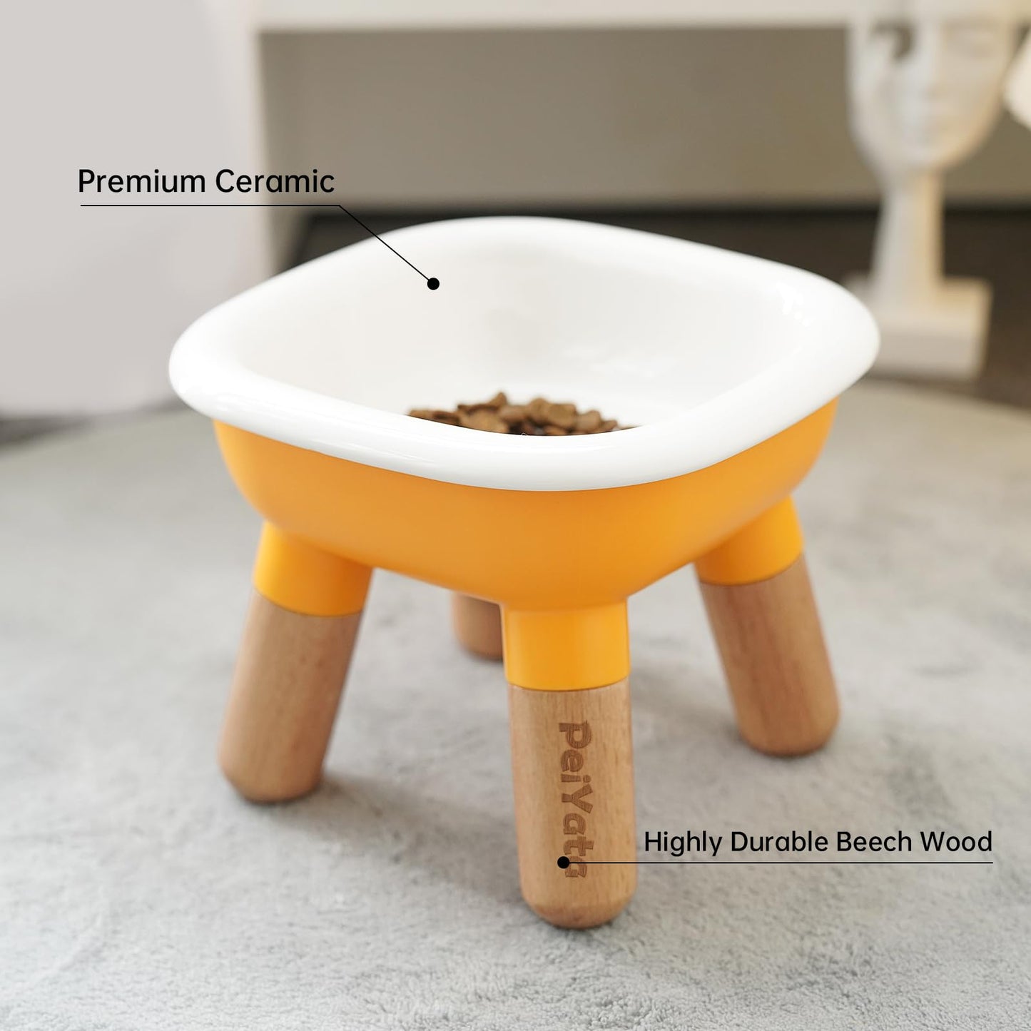 PEIYATA Ceramic Dog and Cat Bowl with Beech Wood & Acrylonitrile Butadiene Styrene Stand Weighted Food or Water Set for Cats &Small Dogs 13.5OZ