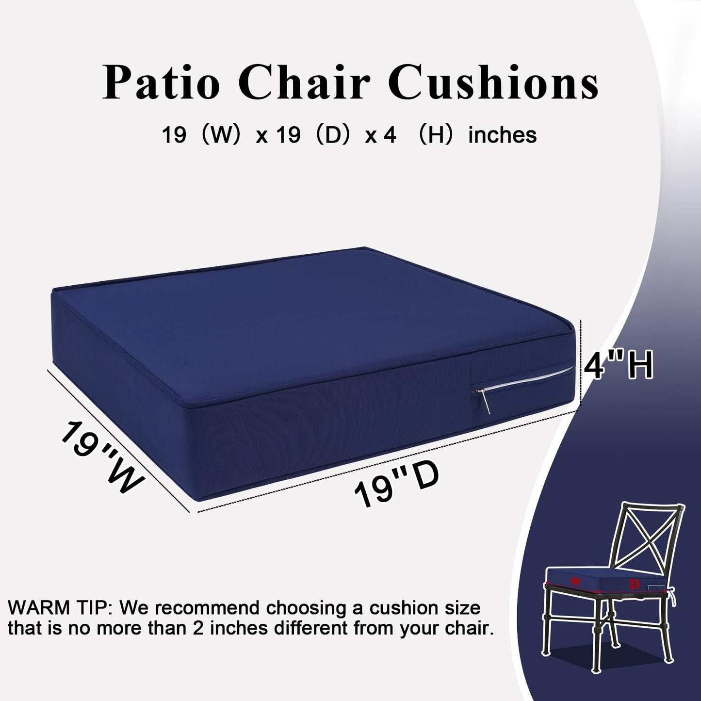 MJIAIDEA Outdoor Chair Cushions Set of 2 for Patio Furniture 19x19x4 Inch Waterproof Patio Chair Cushion 3 Year Color Fastness Square Elastic Foam Garden Couch Pads with Ties and Handle,Blue