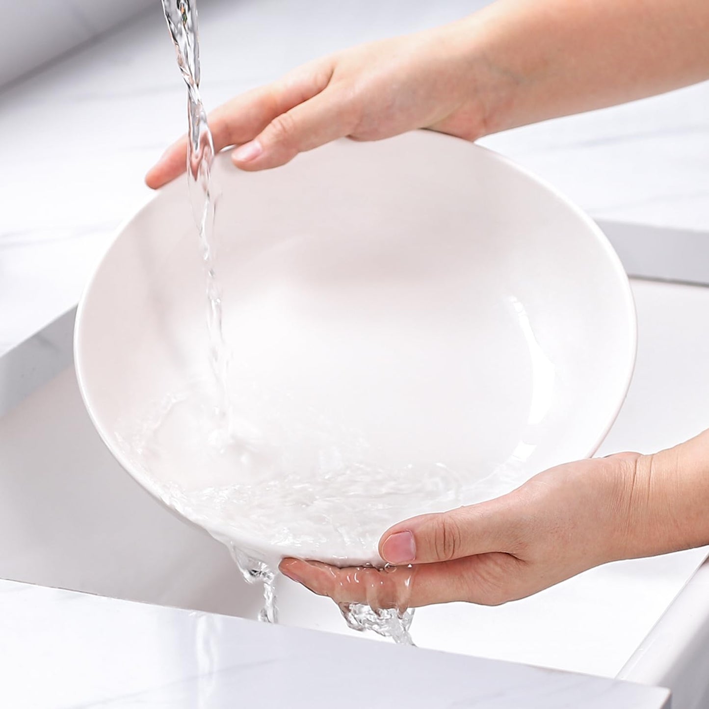 DOWAN 9.75" Wide Pasta Bowls, Ceramic Salad Bowls 50 Ounces, Large Serving Bowl Set of 4, Microwave and Dishwasher Safe, Shallow and Versatile, White