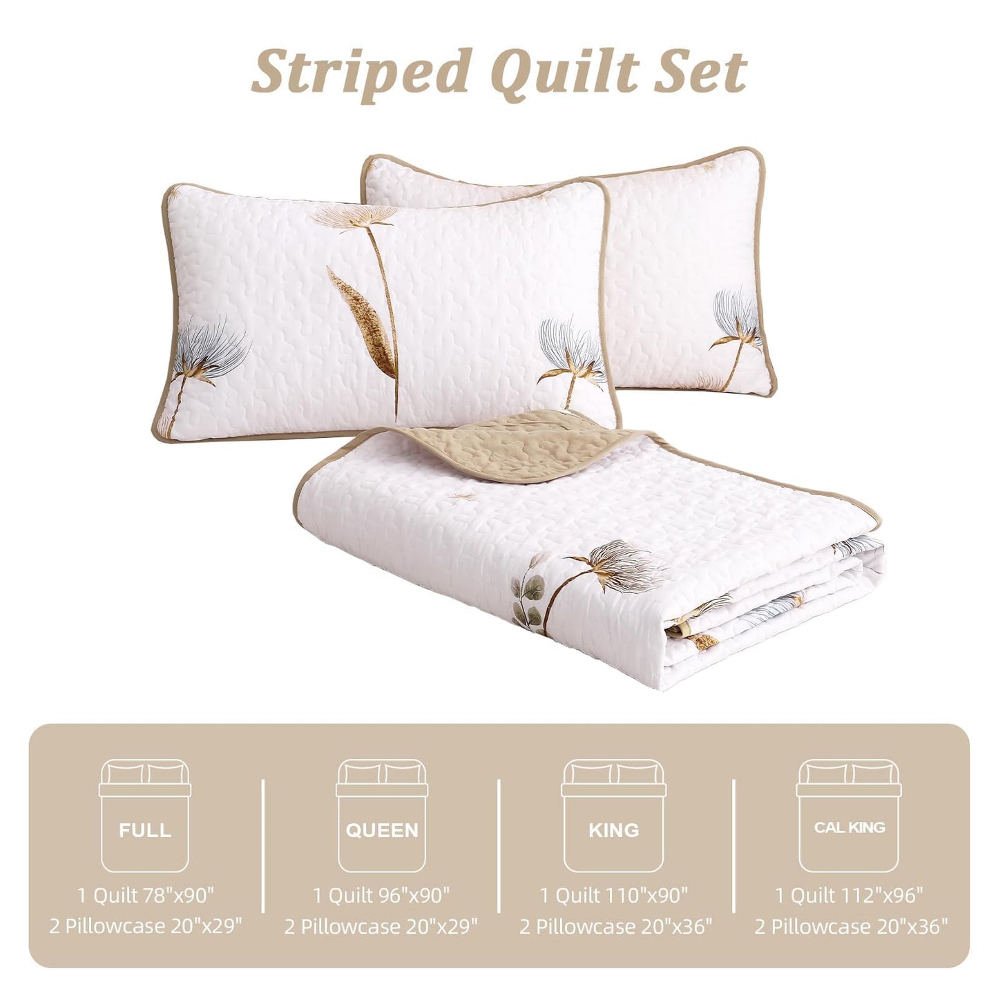Floral Quilt Set Queen,Botanical Beige/Khaki Bedspread Queen Size 3 Pieces Lightweight Summer Quilts Microfiber Farmhouse Bedding Set Soft Flower Bedspreads White quilted Coverlet Sets for All Seasons