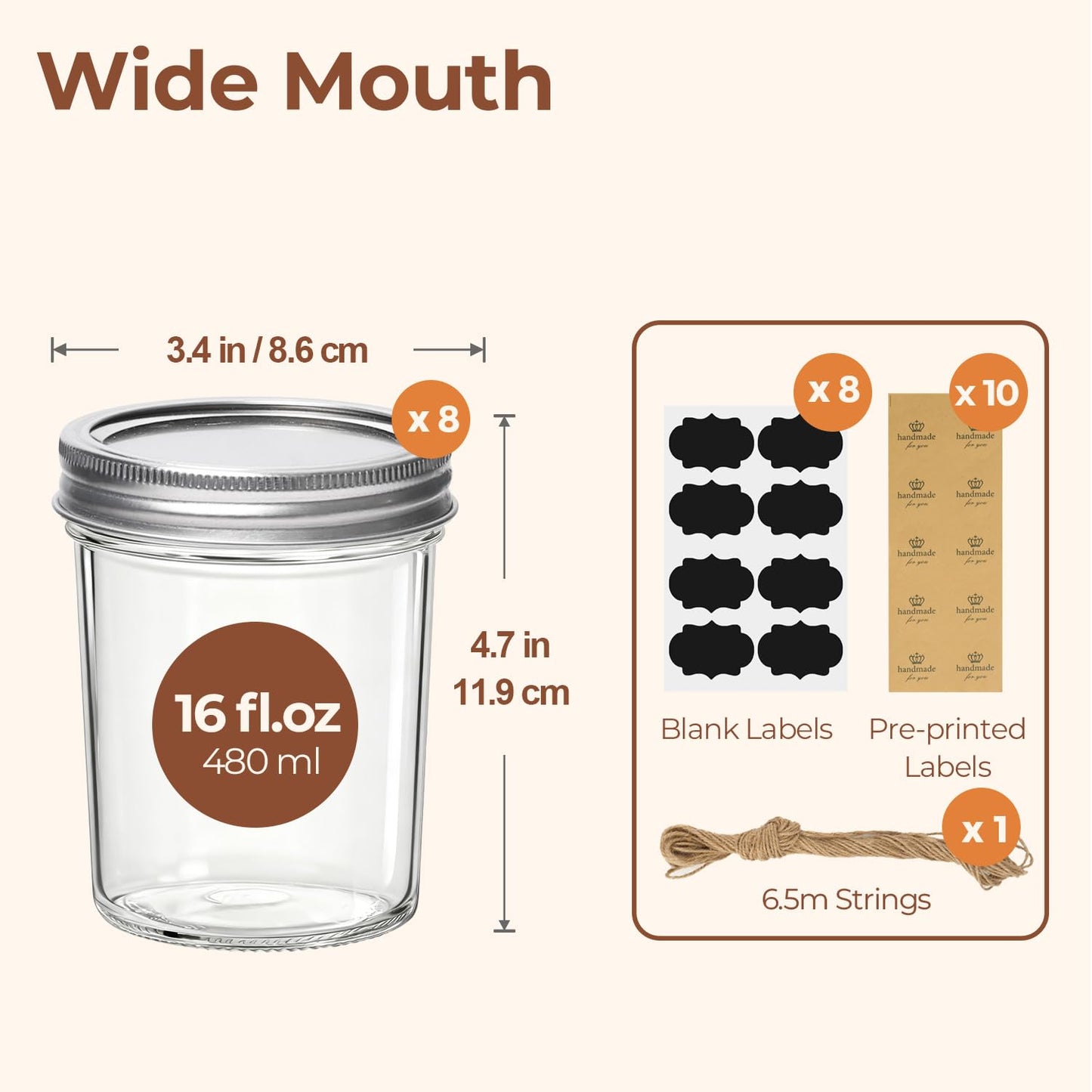ComSaf Wide Mouth Mason Jars 16oz - 8 Pack, Pint Mason Jars with Lids and Seal Bands, Glass Canning Jars for Pickling, Jam, Jelly, Overnight Oats, Yogurt, Chia Pudding, Salad, Desert, DIY Candles