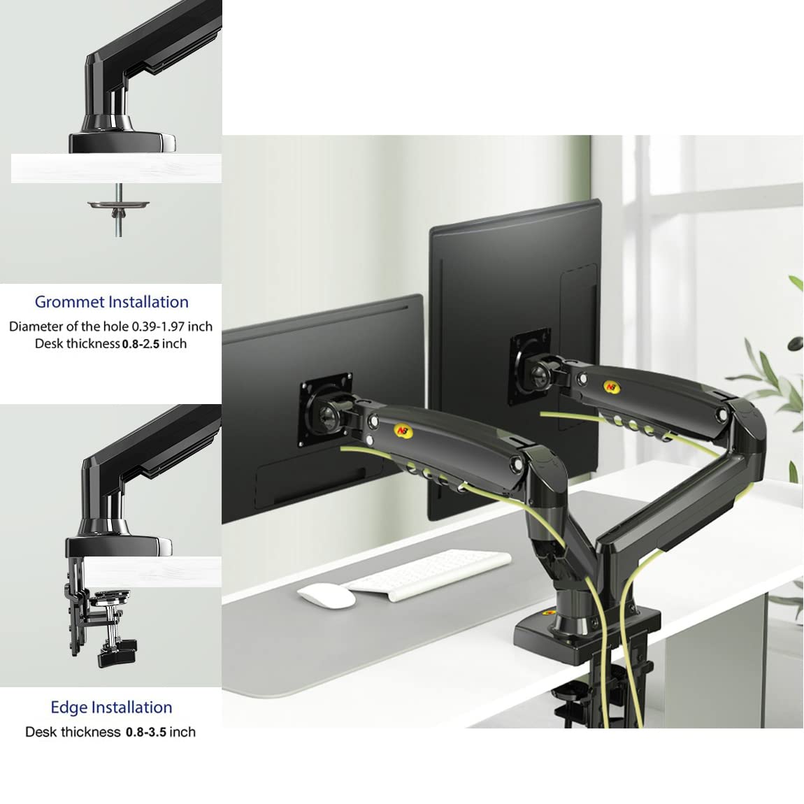 Dual Monitor Arm Height Adjustable Gas Spring Double Monitor Stand Desk Mount Fit Two 17 to 27" Flat or Curved Screens with 19.8lbs Load Capacity for Each Arm, with Clamp and Grommet Mounting Base