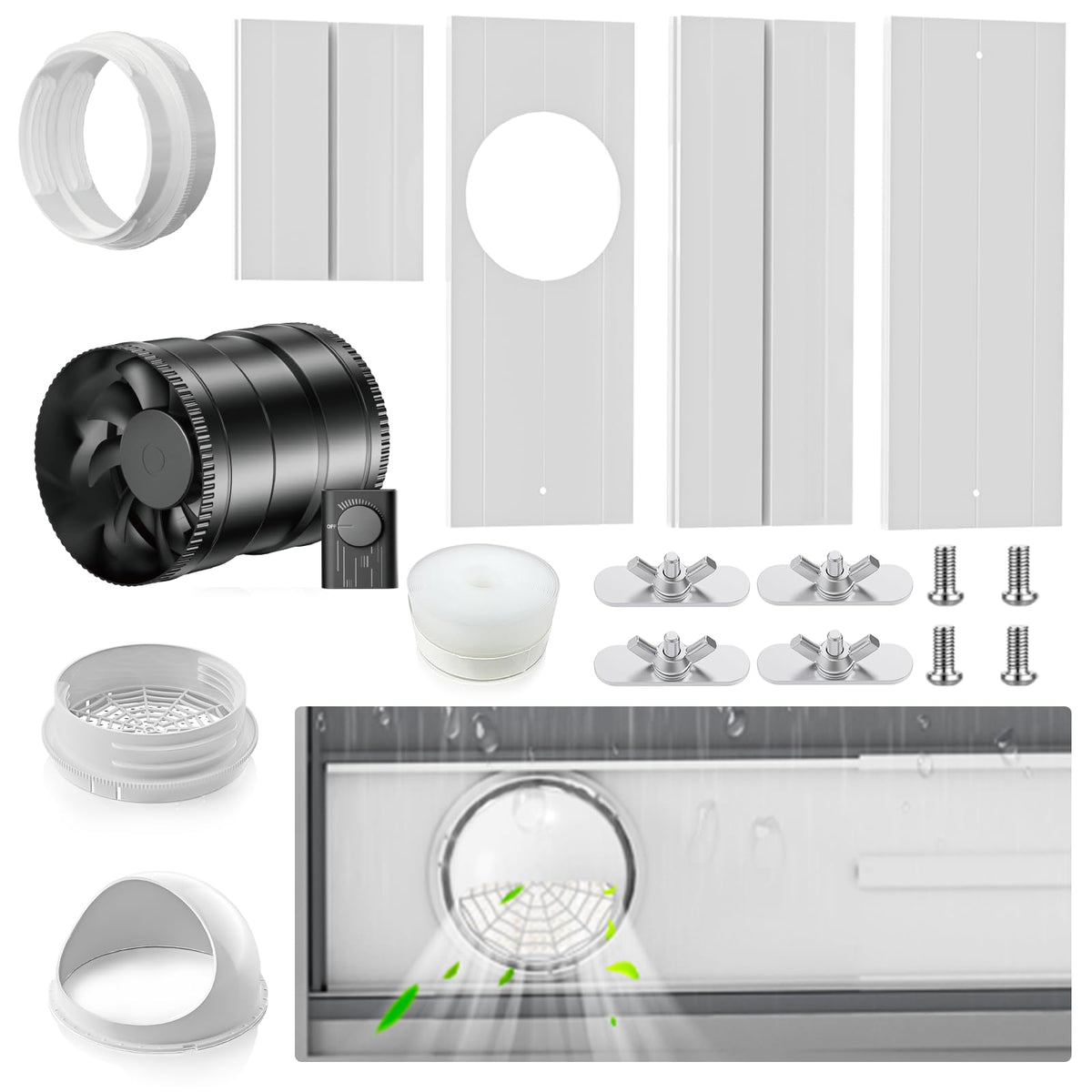Insputer Portable ac Window Vent Kit with 6 Inline Inch Duct Fan, New Adjustable Air Conditioner Window Seal Kit for Sliding Window, Fit for AC with 5.9 & 5.1 Inch Diameter Exhaust Hose