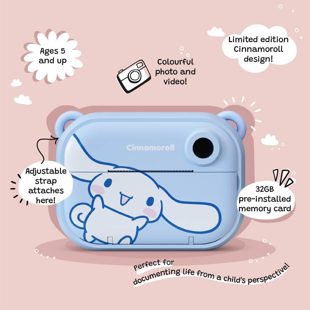 Cinnamoroll Instant Print Kids Digital Camera & Video Camcorder with Selfie Camera by Kidamento, Scavenger Hunt Momento Book, 32GB Memory Card - Model P Cinnamoroll