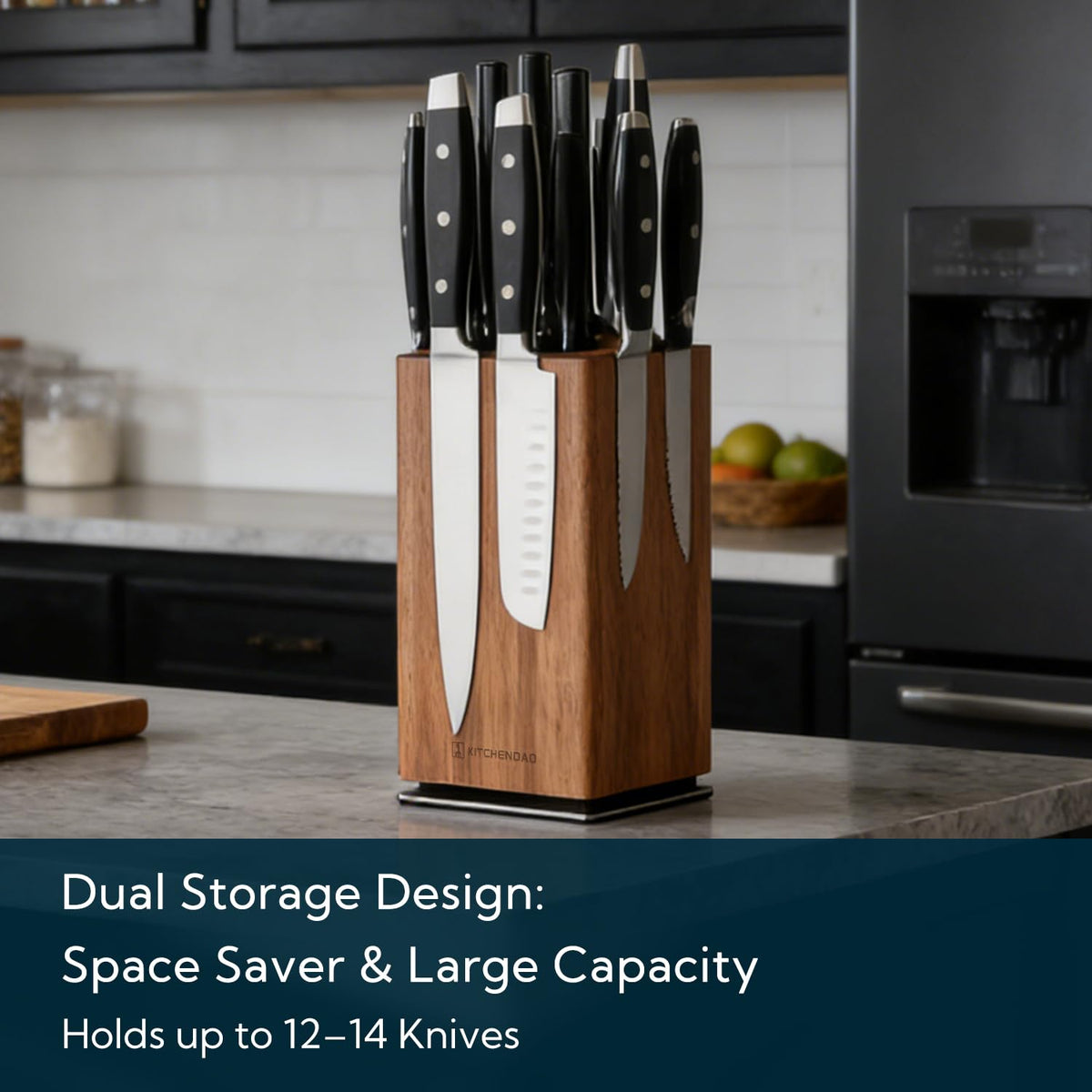 KITCHENDAO Magnetic Knife Block Without Knives, 360° Rotatable Acacia Wood Knife Holder, Large Knife Storage with Magnet for Knives & Utensils, Kitchen Countertop Organizer
