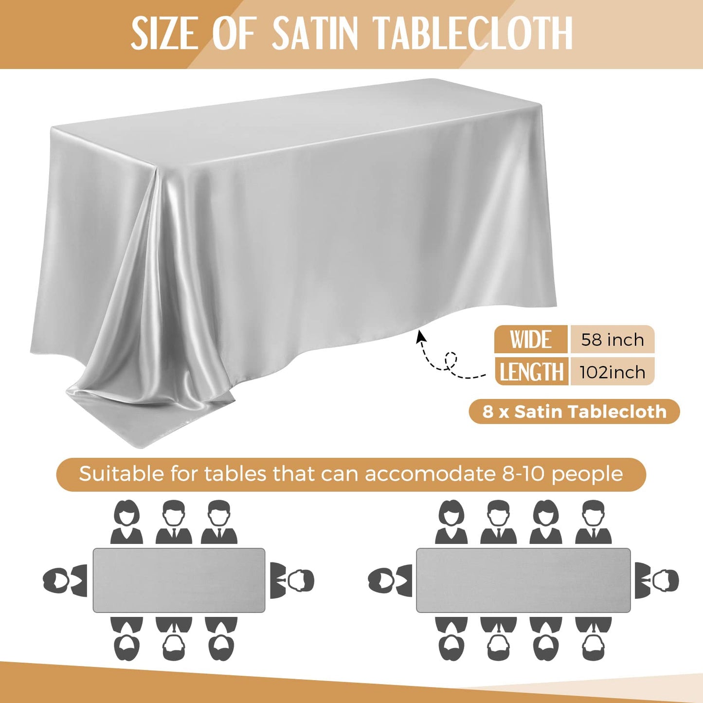 8 Packs Satin Tablecloth 102 x 58 Inches Rectangle Table Cover Silk Smooth Fabric Party Table Cloth for Rectangle Parties, Holiday Dinner Wedding Banquet Decoration(Silver)