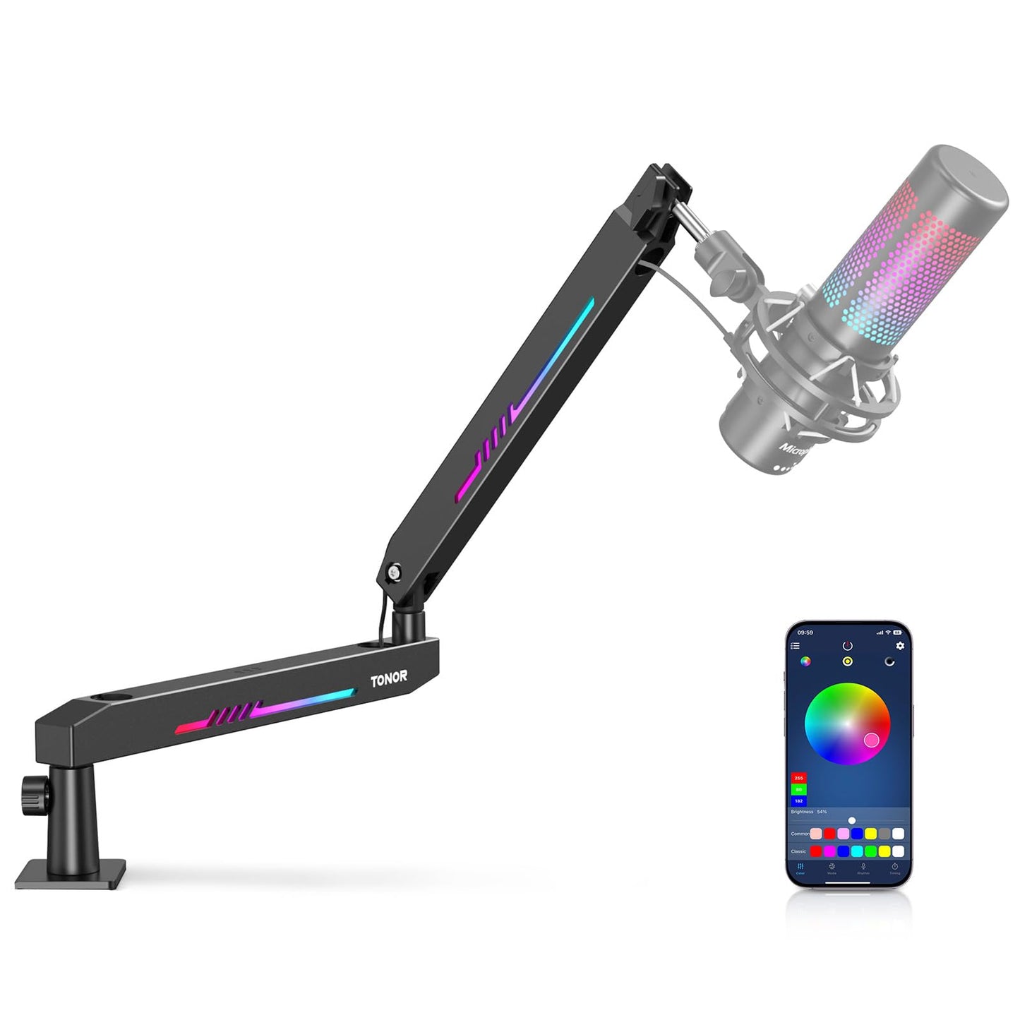 TONOR RGB Gaming Mic Arm, Low Profile Microphone Boom Arm with controllable RGB Light, Mic Stand with Cable Management, Compatible with Popular Microphones for Streaming, Studio, T90LP