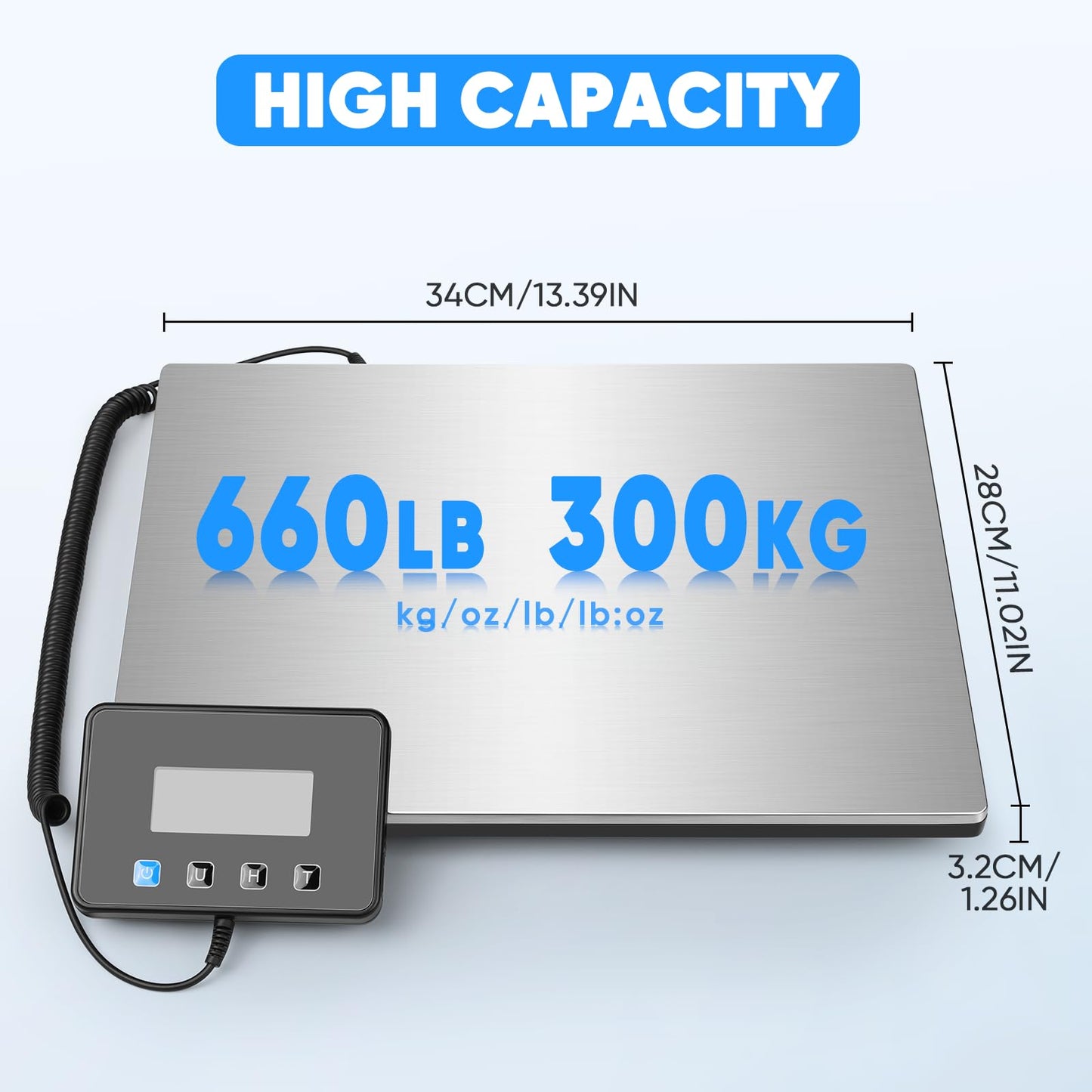 Digital Shipping Scale 300kg, Heavy Duty Postal Scales with Hold and Tare Function, Seperate Screen, Large Platform, Postage Scale for Small Business, Packages (Silver)