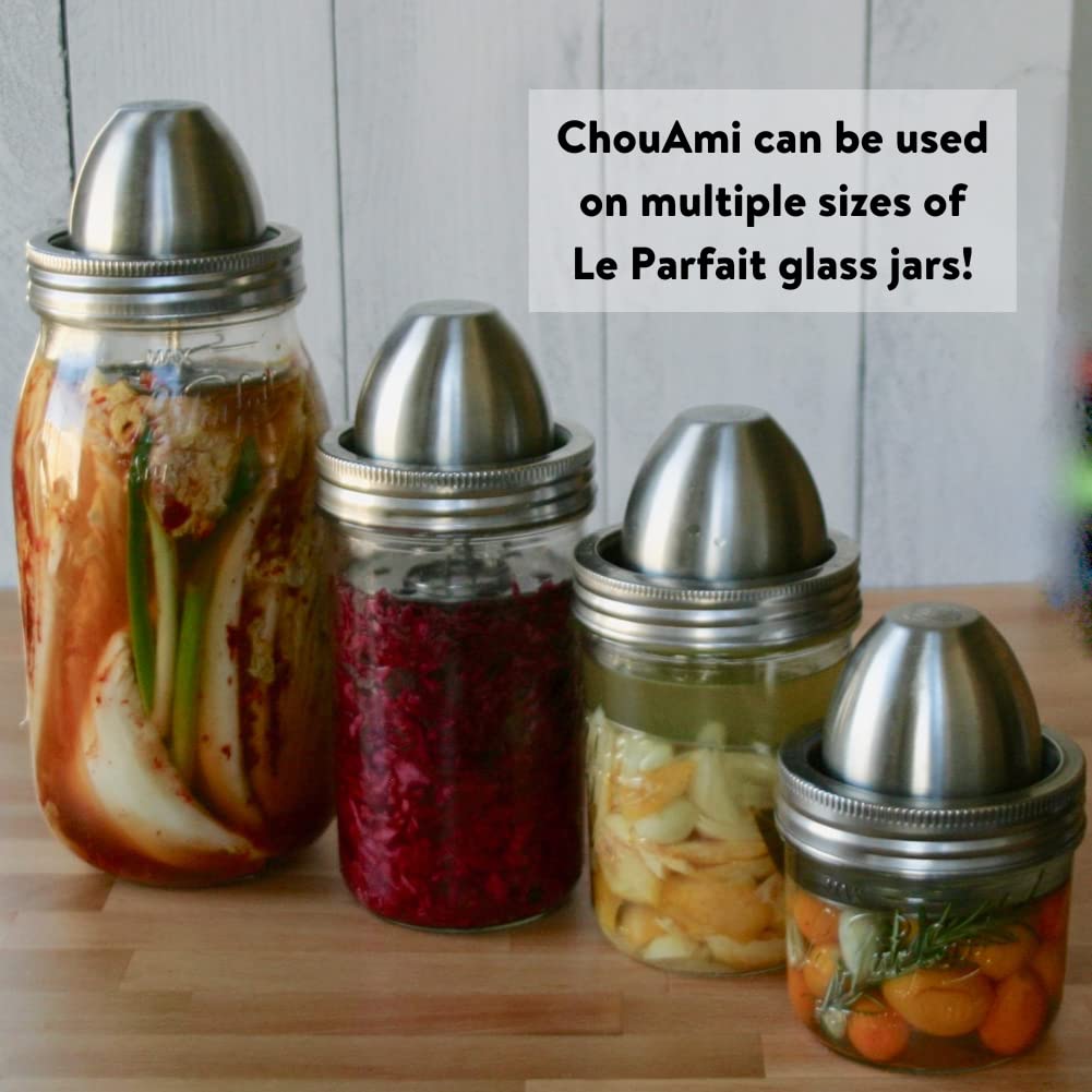 ChouAmi Stainless Steel Fermentation Kit w/Airlock & Weight for Easy Small-Batch Fermenting of Sauerkraut, Kimchi, Pickles ++ Use w/ 1L Le Parfait Wide Mouth Glass Mason Jar & Lid Included (Kit-1L)