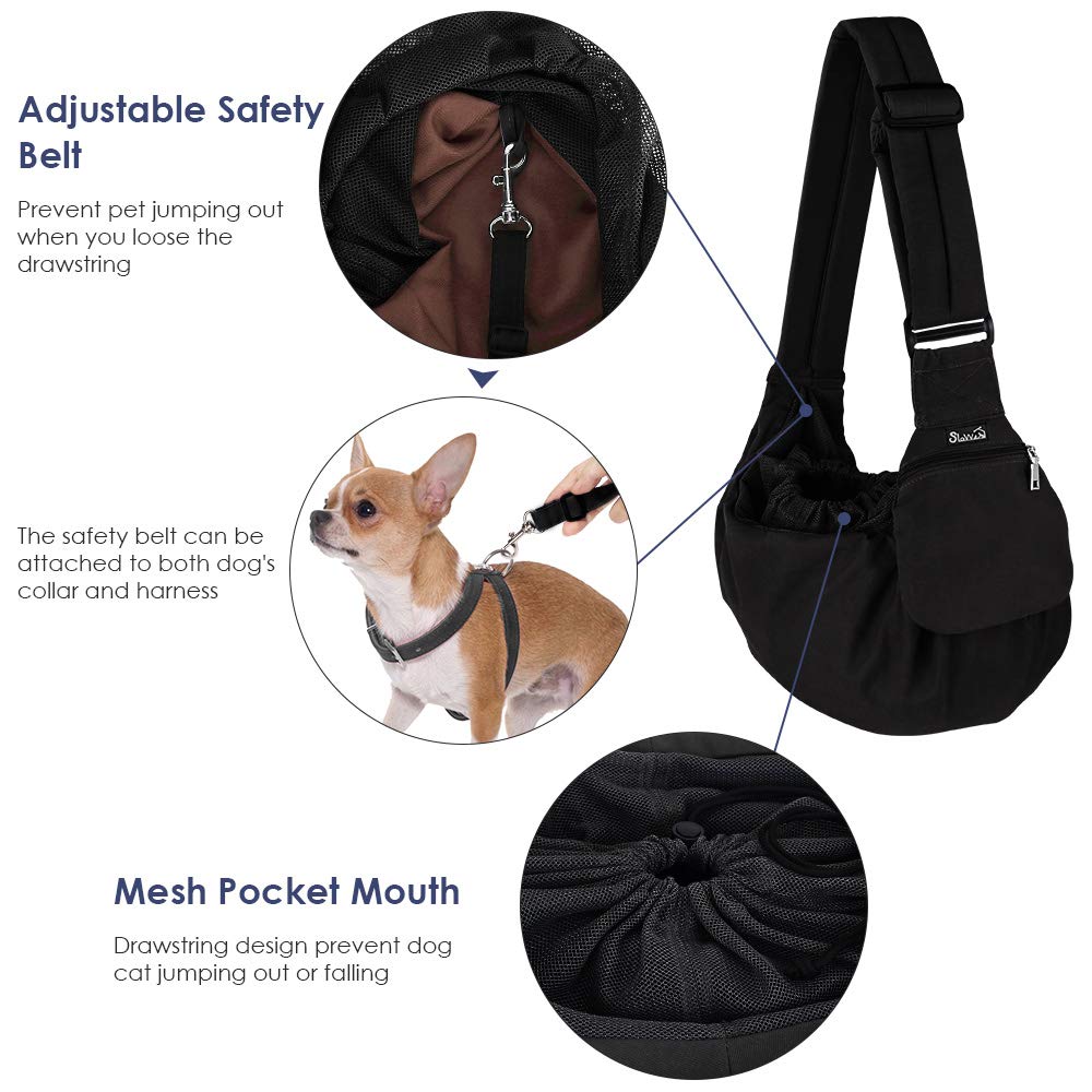 AUTOWT Dog Sling Carrier, Dog Sling with Bottom Supported Hand Free Pet Sling Adjustable Shoulder Strap and Bag Opening Front Zipper Pocket Safety Belt for Small Dogs Cat Daily Use (Black Water-Resistant)