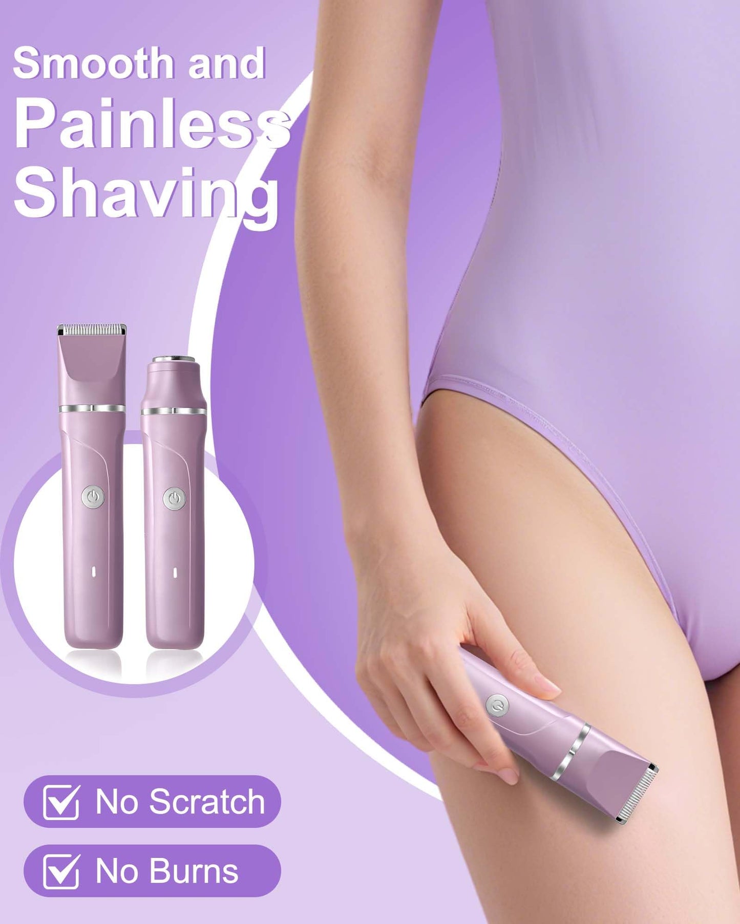 Bikini Trimmer Women,2 in 1 Painless Electric Razor and Facial Hair Remover, Body Groomer IPX7 Waterproof Wet/Dry Cordless Electric Shaver for Face Body Leg Bikini Underarm Arm（Lavender Purple）