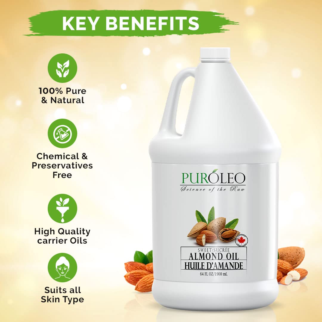 PUROLEO Sweet Almond Oil 64 Fl Oz/1900 ML (Packed In Canada) Pure Almond Oil for Skin, Hair, & Body | Organic Carrier Oil & Body Oils For Women | Almond Butter Hair Oil, Body Oil, Baby Oil, Massage Oil huiles essentielles Amande Douce Huile Massage