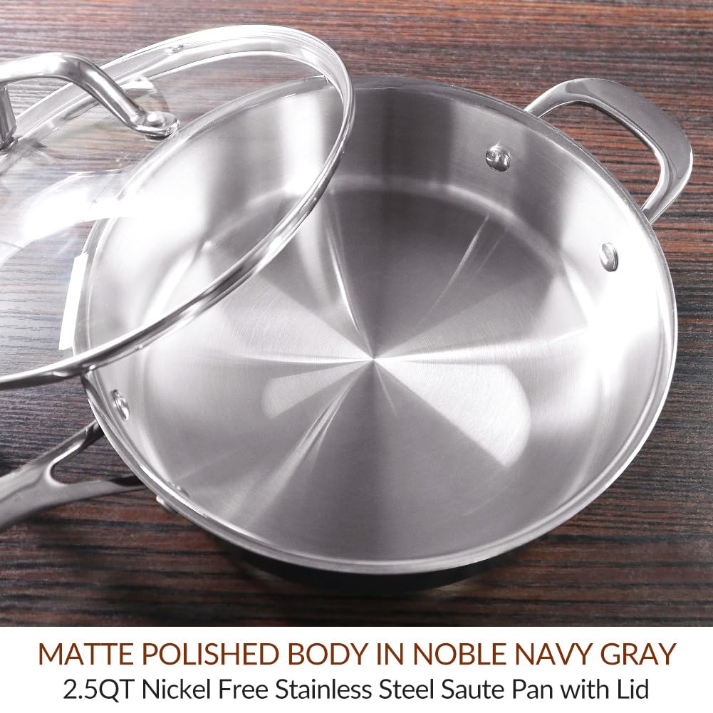 HOMICHEF 9.5 Inch Navy-Gray Nickel Free Stainless Steel Saute Pan with Lid - Premium Matte Polished Stainless Steel Pan with Glass Lid - 2.5 Quart Non Toxic Saute Pans