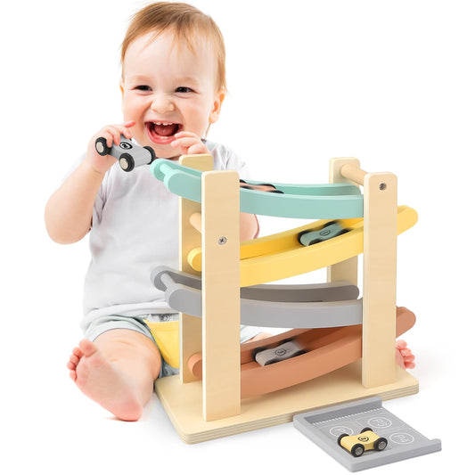 Montessori Toys for 1 Year Old Boy Gifts, Wooden Car Ramp Toys for 1 2 Year Old Boy Girl Birthday Gifts, Race Track Truck Car Toy with 4 Mini Cars/1 Parking Lot for Toddlers 1-3