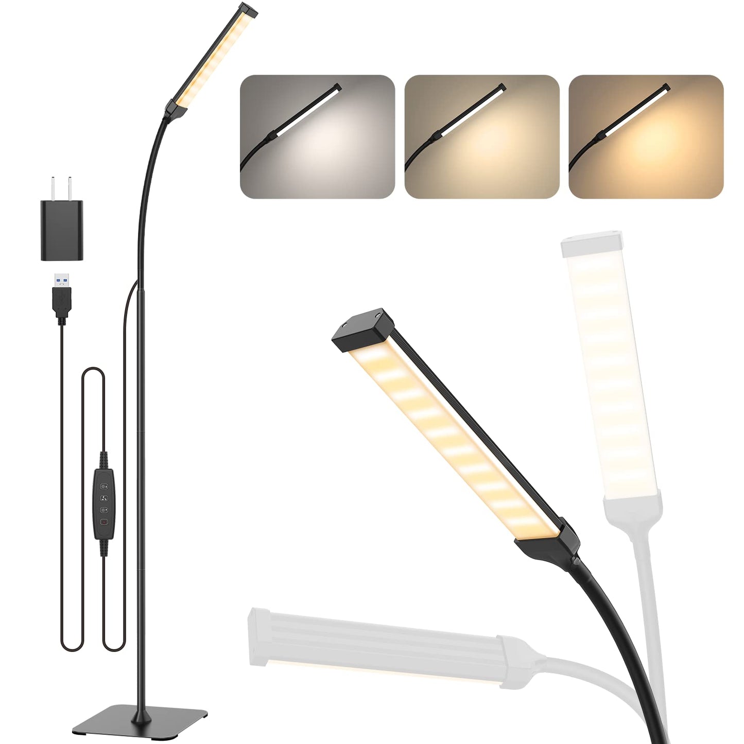 Floor Lamp, iFalarila Reading Lamps Floor Standing [120 LEDs with 3 Color Mode 3000K-6000K & 10 Brightness Setting] Dimmable Desk Light with Flexible Arm for Living Room Bedroom Office