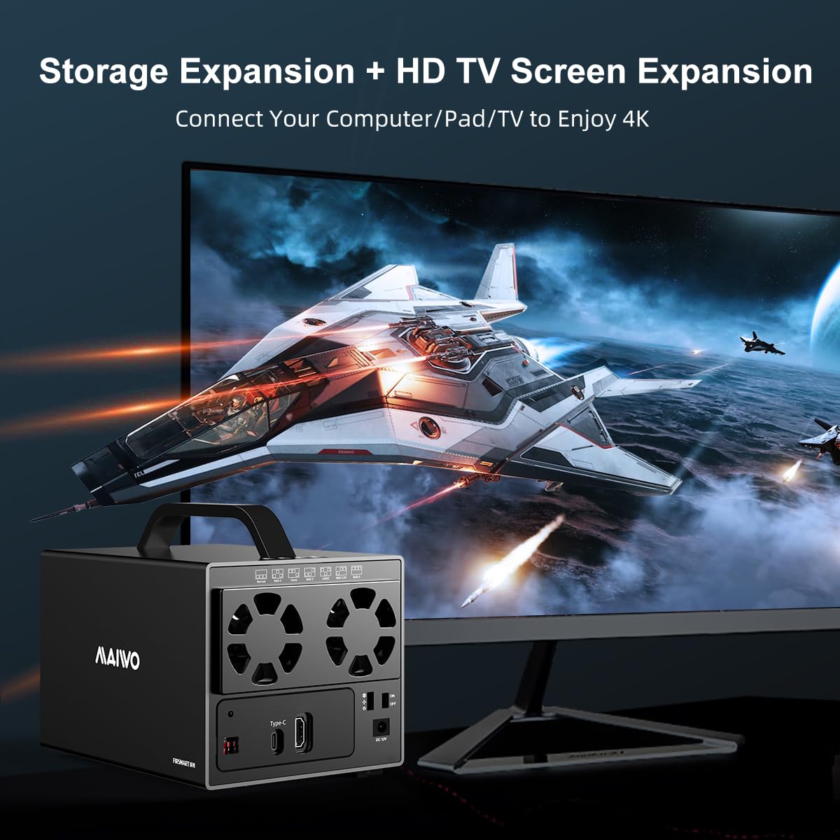 MAIWO 4 Bay RAID Enclosure for 3.5" SATA HDD with 2 Fans,USB 3.1 SATA Hard Drive Enclosure with HD-MI Port, 7 RAID Modes, Support 96TB Capacity Expansion
