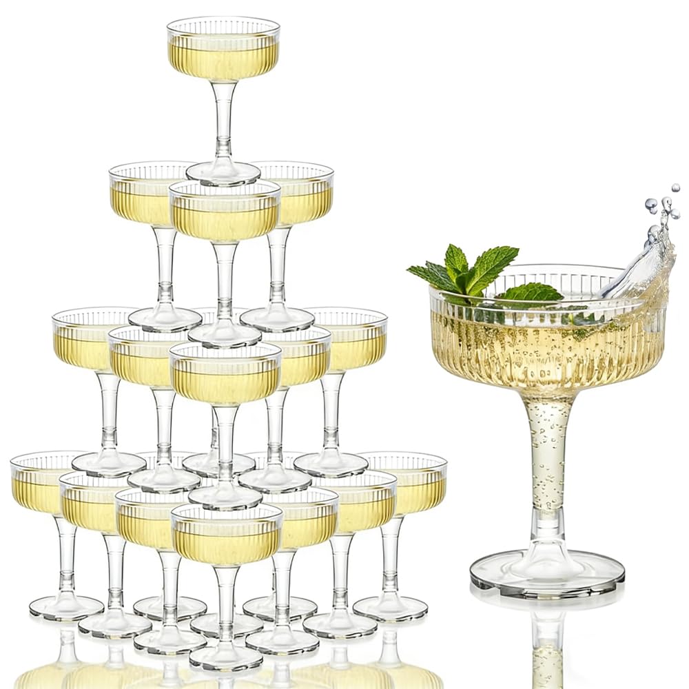 20 Pack Champagne Tower,7 oz Clear Plastic Champagne Coupe Glasses,Stackable Ribbed Martini Glasses, Unbreakable Acrylic Cocktail Coupe Cups for Weddings, Celebrations, Parties & Birthdays