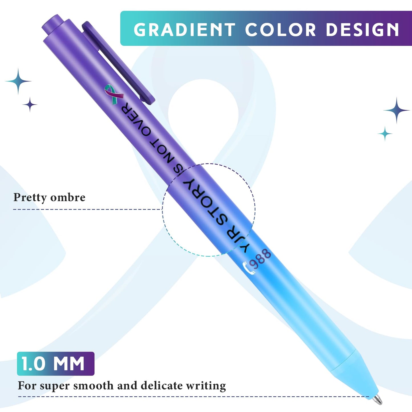 Jetec 100 Pcs Suicide Prevention Awareness Ribbon Pen Mental Health Awareness Pen Bulk Black Ink Retractable Fine Tip Pens with Gradient Color Barrel Ballpoint Pens for Charity Volunteers Activity