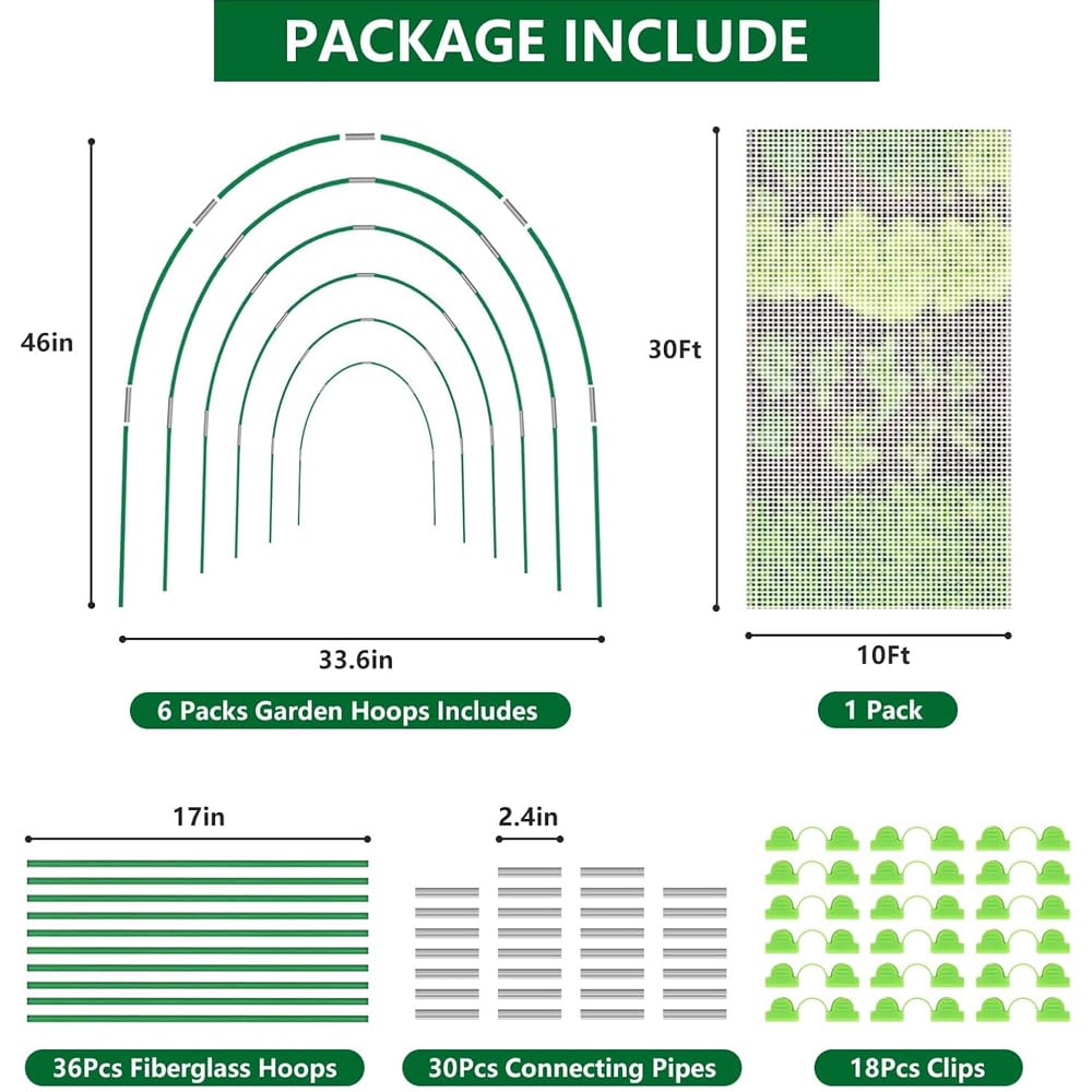 Garden Netting Kit for Raised Beds, 10x33FT Ultra Fine Mesh Netting with 6 Sets of Fiberglass Garden Hoops for Raised Beds, Vegetable Plants Fruits Flowers Birds Animals Barrier Protection Net
