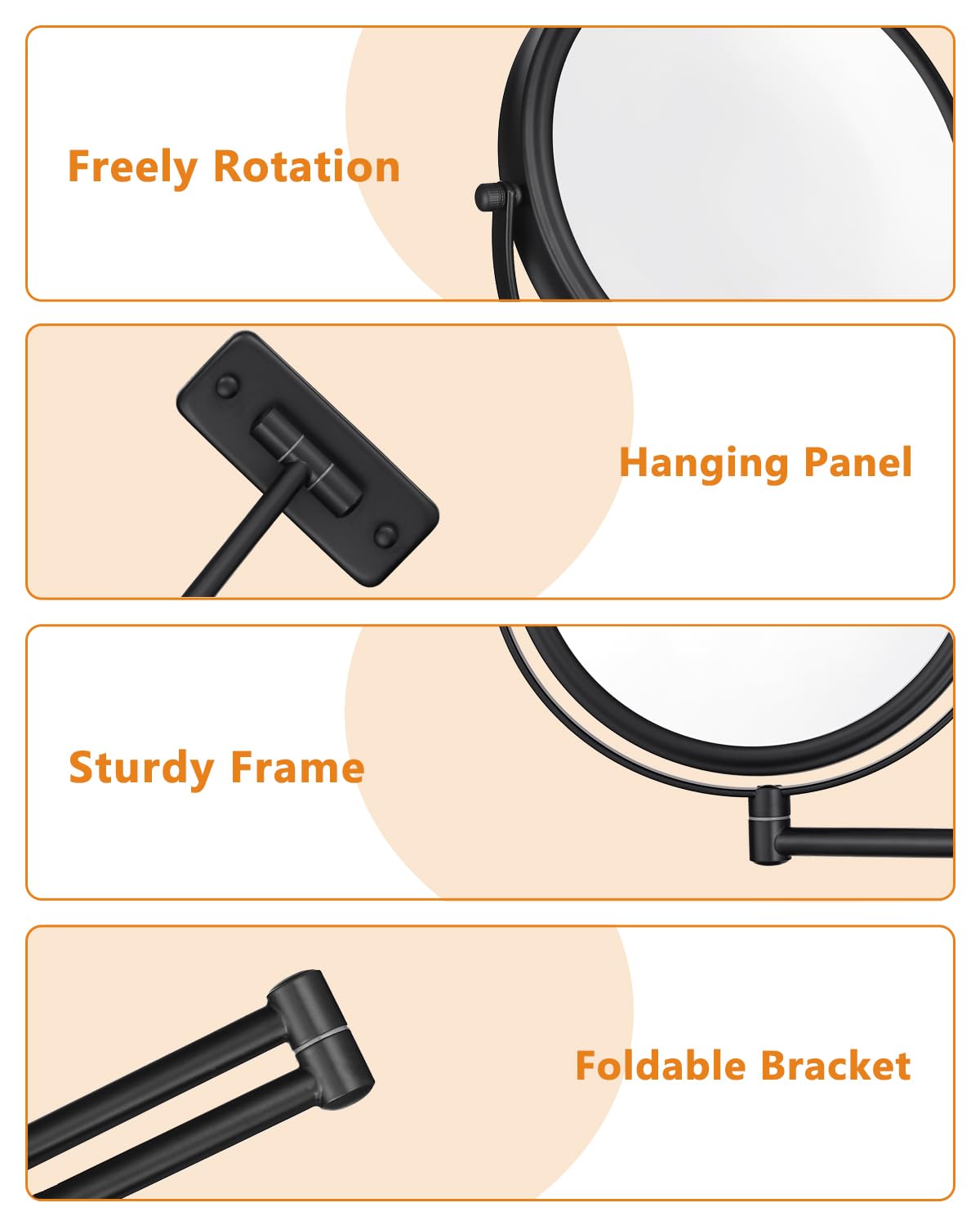 Wall Mounted Makeup Mirror - 1X/10X Magnifying Mirror for Wall, 8 Inch Double Sided 360° Swivel Extendable Bathroom Mirror for Shaving, Black DECLUTTR