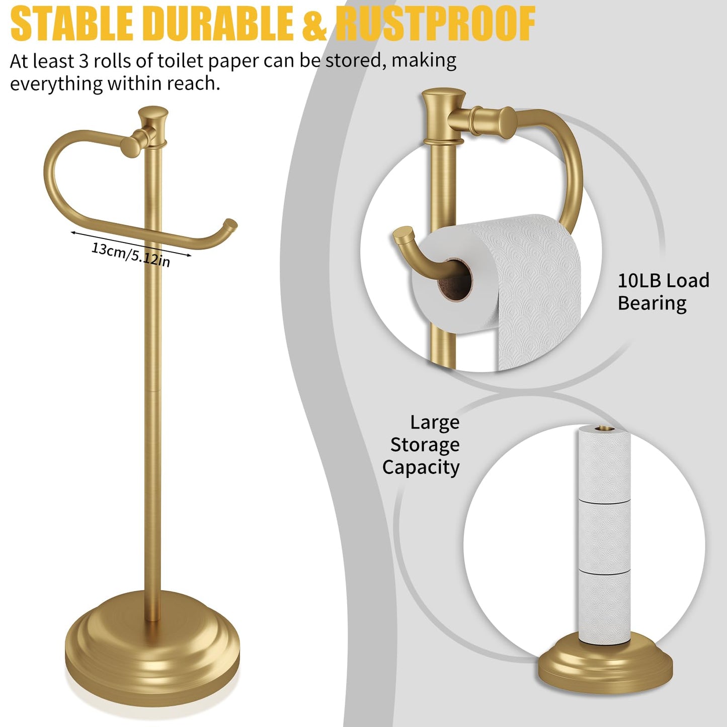 BESy Toilet Paper Holder Free Standing Bathroom Toilet Tissue Holder Stand for Floor Toilet Paper Roll Holder with Storage Hardware Accessories Rack Non Adjustable Brushed Gold Stainless Steel