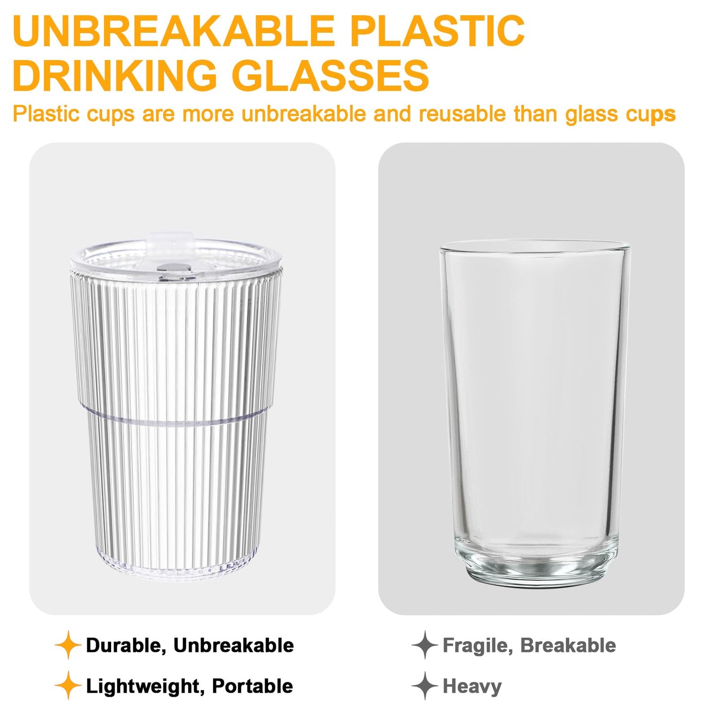 VAIIGO 16 OZ Iced Coffee Cups with Lids and Straws Set of 8, Reusable Iced Coffee Glass Unbreakable Plastic Drinking Glasses for Tea, Juice, Water, BPA Free, Dishwasher Safe