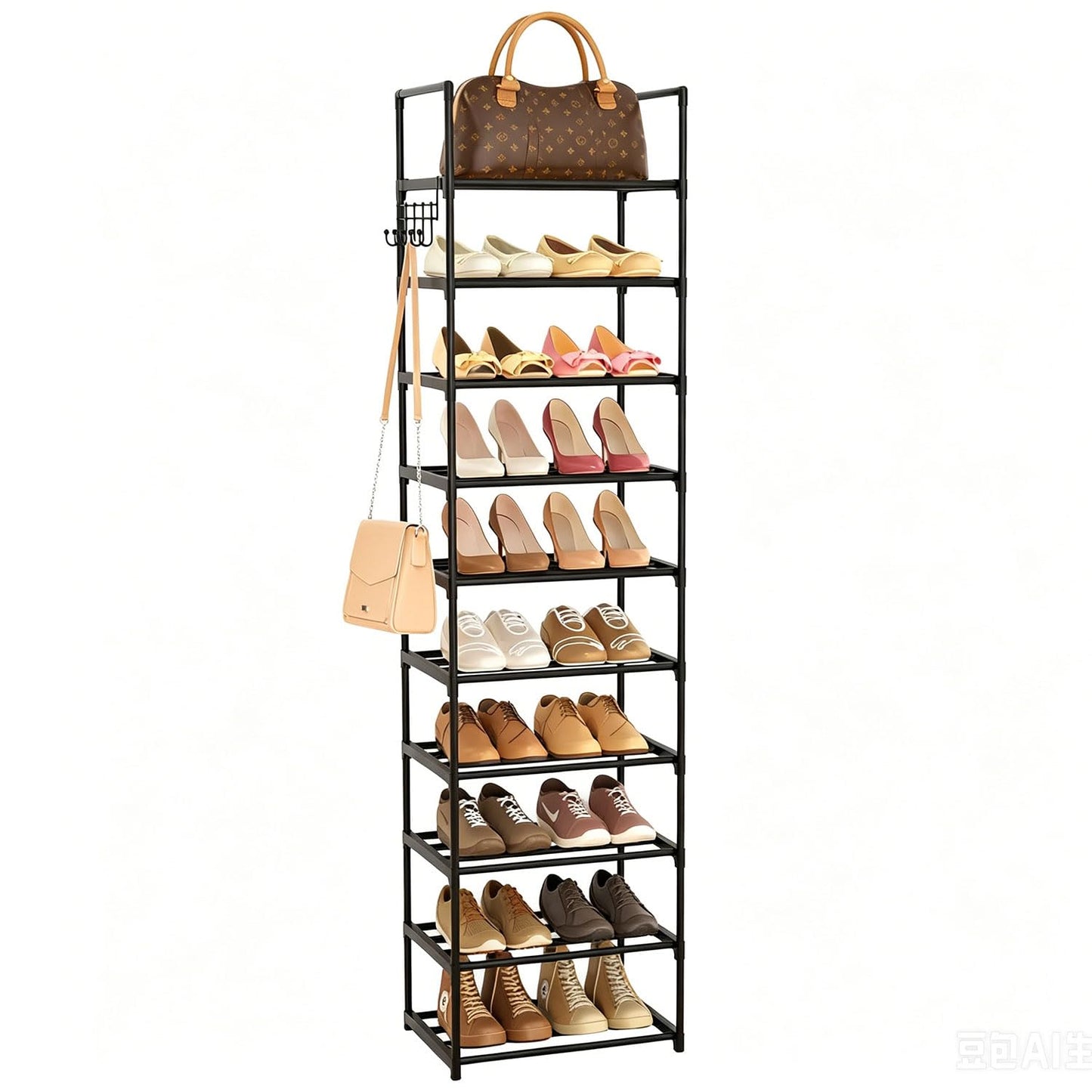 VTRIN 10 Tiers Narrow Shoe Rack 20-25 Pairs Shoe and Boots Organizer Storage Sturdy Shoe Shelf, Metal Shoe Rack for Entryway, Bedroom, 17 x 12 x 79 Inches, Black Vertical Stackable with 5 Hooks