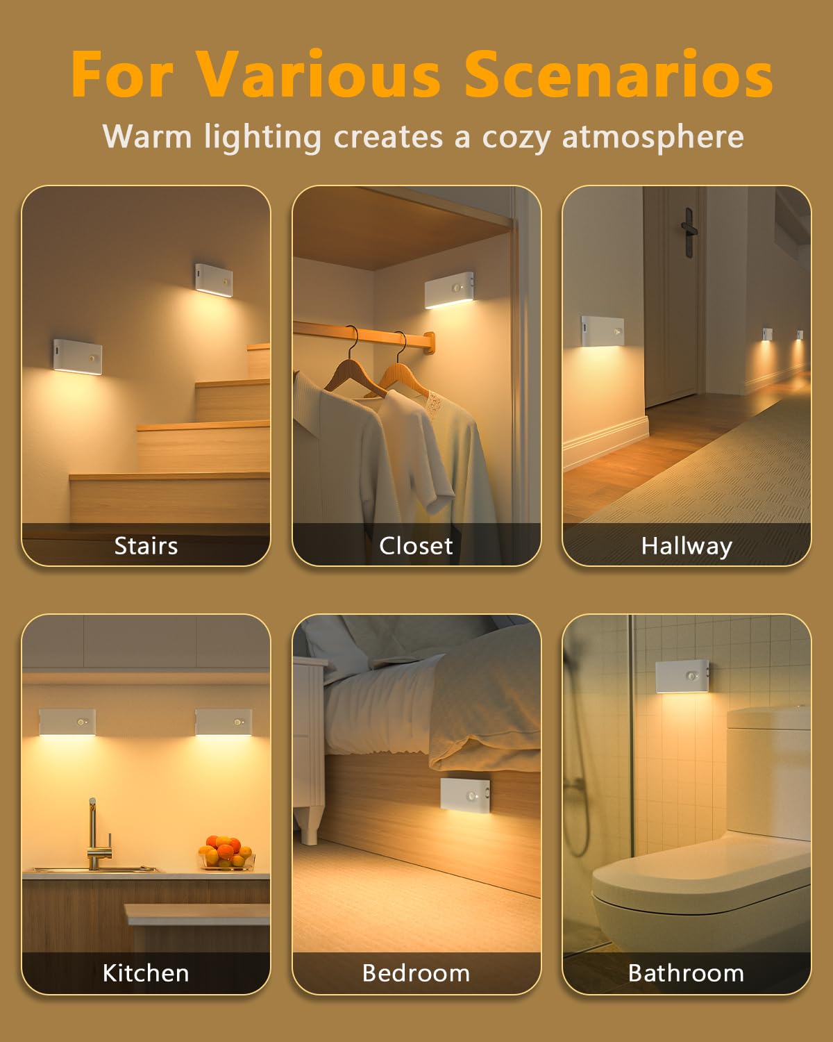WILLED Motion Sensor Light Indoor, Warm White Rechargeable Night Light, Wireless Stair Lights Indoor, Battery Motion Sensor Night Light for Stairway, Hallway, Kitchen, Closet, Kids' Room(4-Pack)