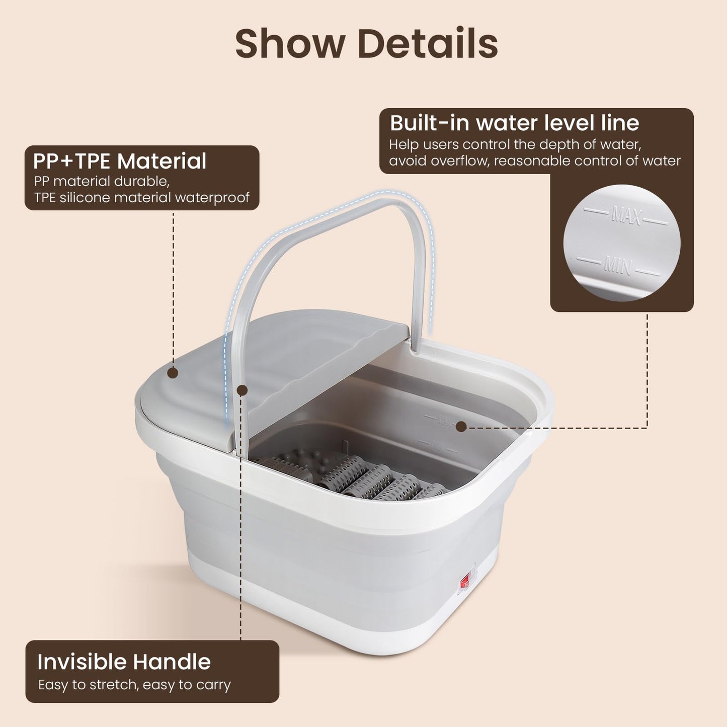 Collapsible Foot Spa Bath Massager with Heat, Foot Soaking Tub with Handles, Temperature Control, Massage Rollers, 3-8L Collapsible Bucket for Cleaning