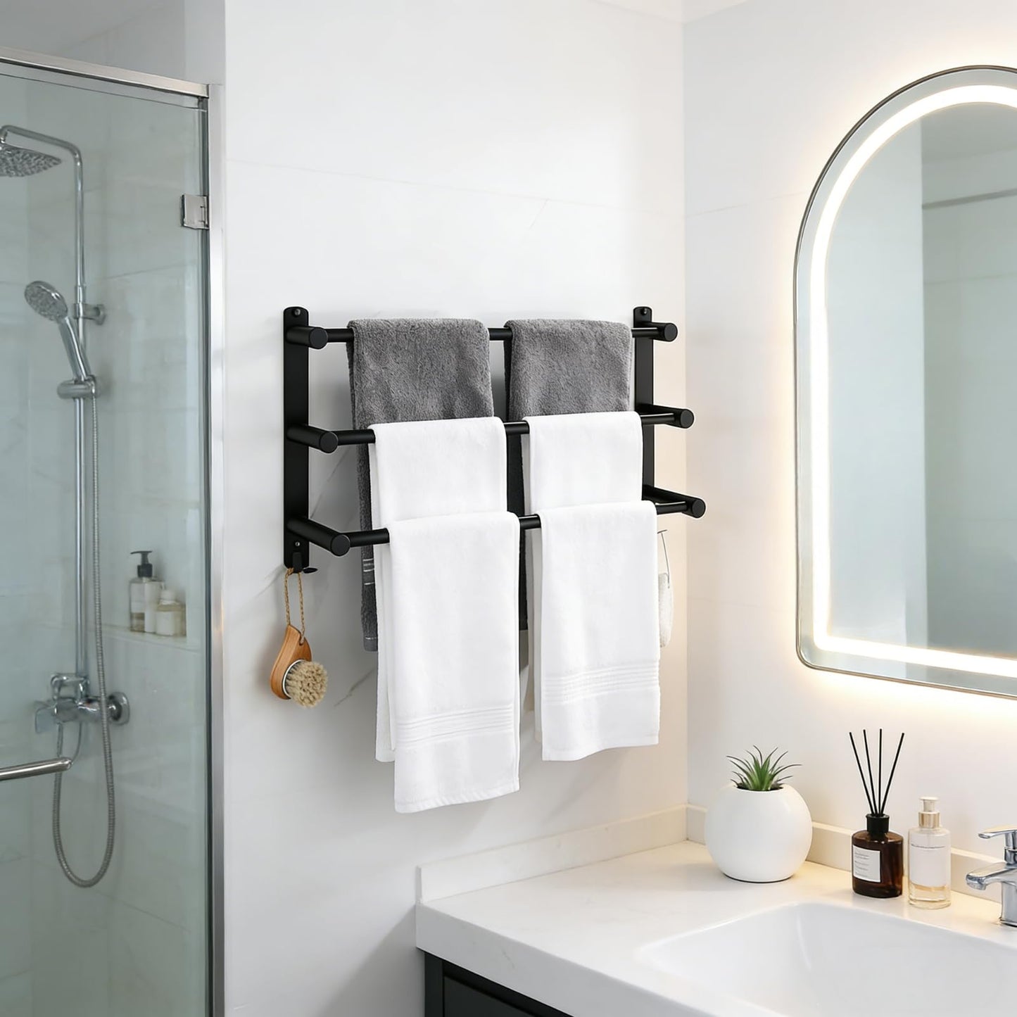 SUS304 Three Bar Adjustable Towel Rack, Expandable Range:16.5 Inches to 29.9 Inches, Bathroom Towel Holder with Double Hooks,Two Installation Methods:Drillinstallation and No-drill Installation(Black)