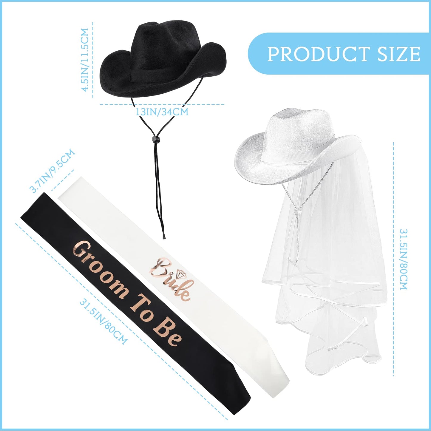 SATINIOR 2 Pcs Bride Cowgirl Hat with Veil Groom Cowboy Hats Bachelorette Party Decoration to Be Sash for Bridal Shower