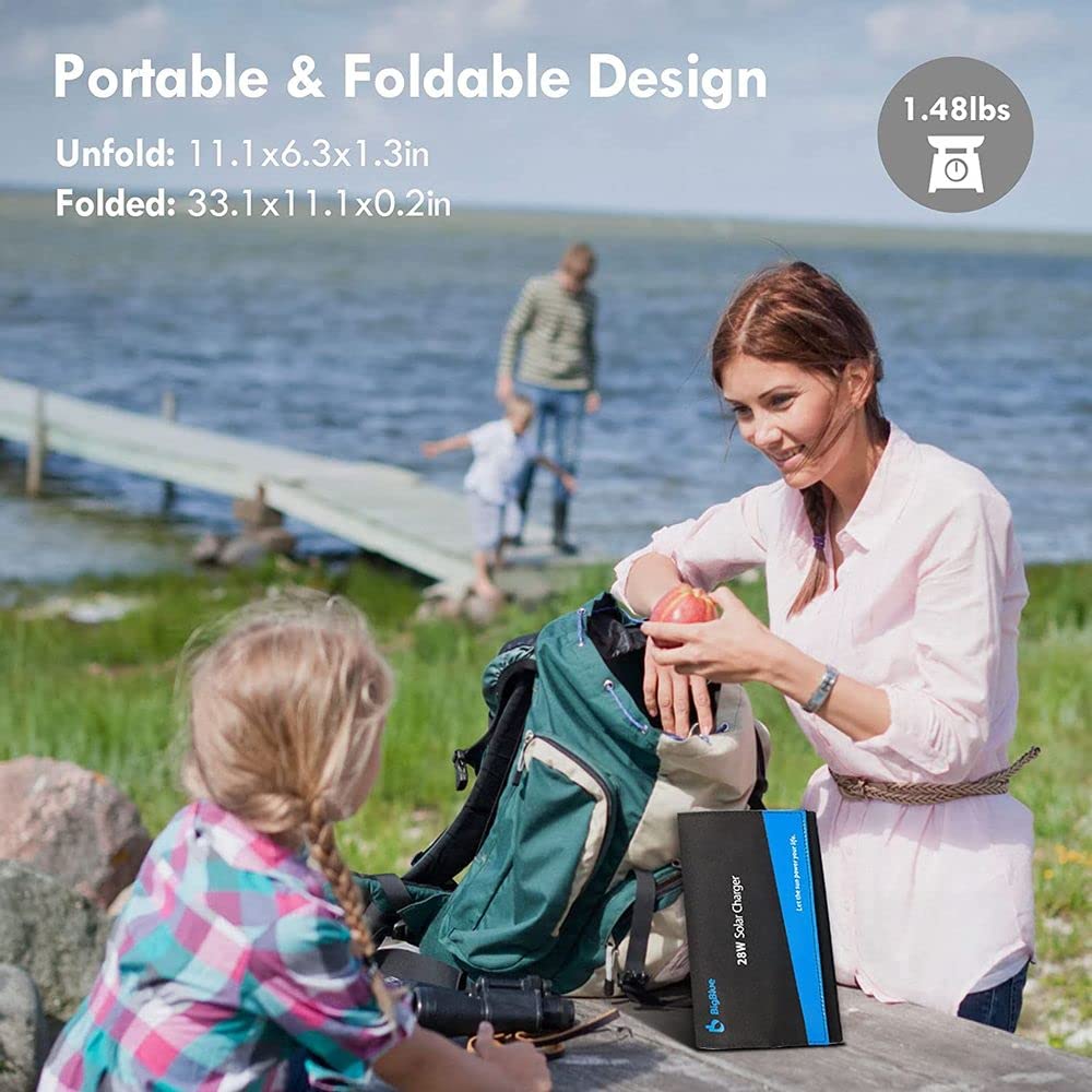 BigBlue Portable Solar Charger 28W with Digital Ammeter,25.4% High-Efficiency, USB-A/USB-C Ports, Folding Waterproof Solar Panels with Carabiners for Camping, Backpacking, Phones, Tablets, Power Bank