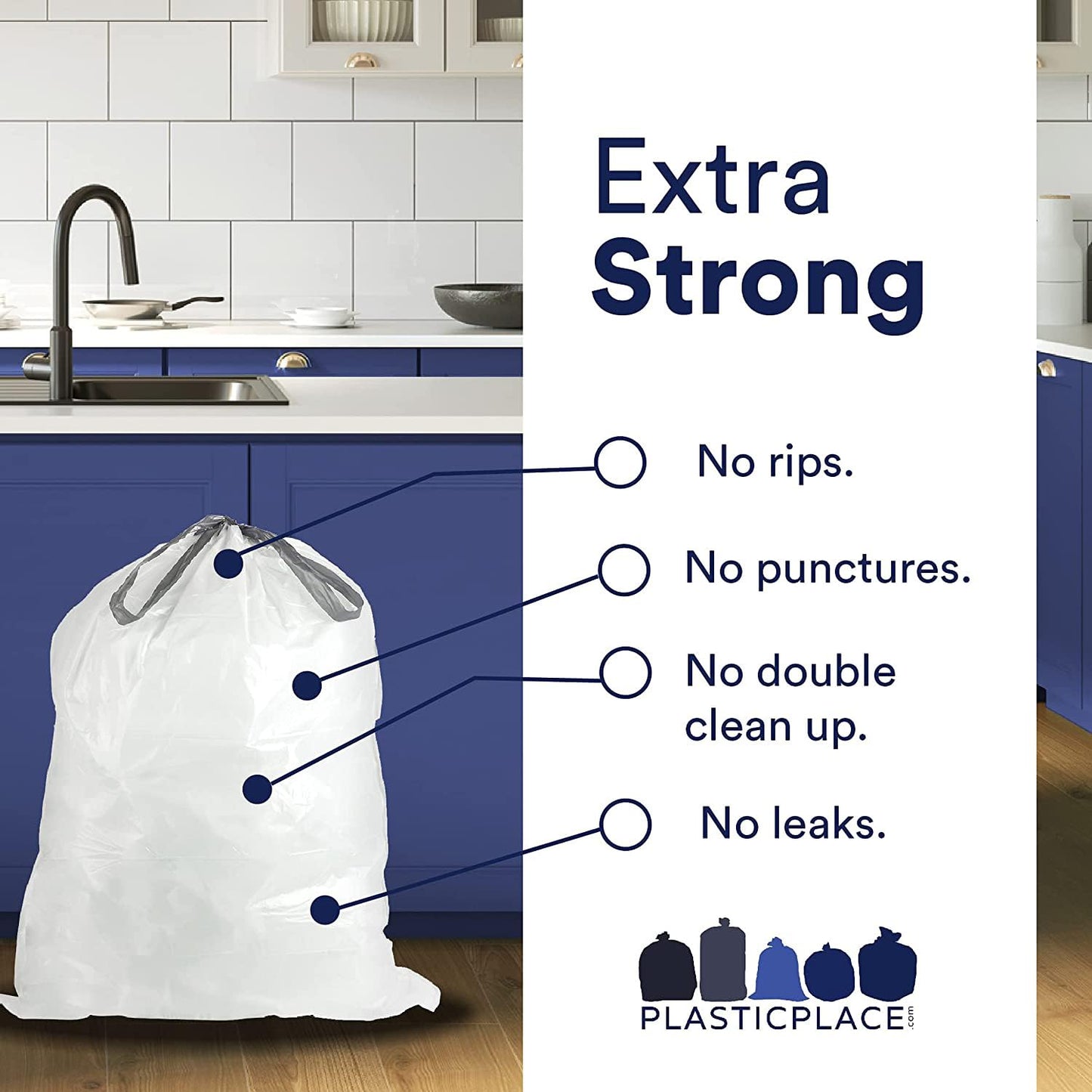 Plasticplace Trash Bags Compatible with simplehuman Code M Packs, White Drawstring Garbage Liners 12 Gallon / 45 Liter, 21" x 30.5" (20 Count/5 Pack)