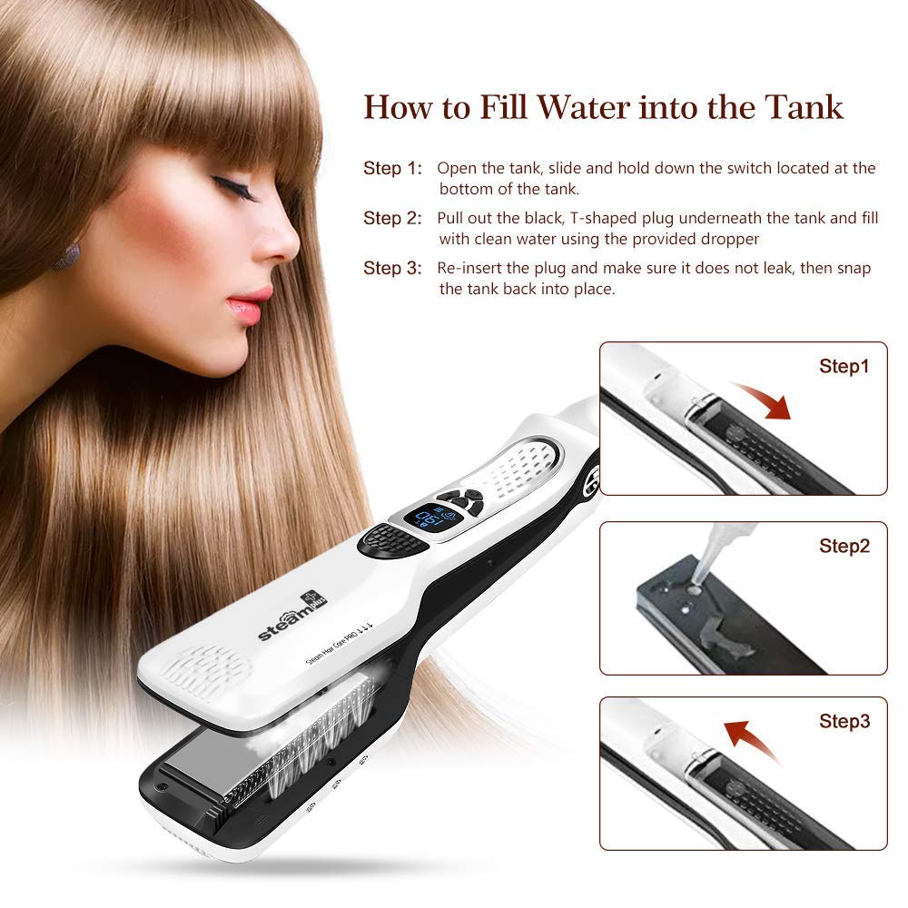 JUKEY Professional Steam Hair Straightener, Electric Fast Steam Hair Straightener Brush Titanium Ceramic Flat Iron, with Anti-Static Technology and Digital Controls Suitable for All Hair Types, White