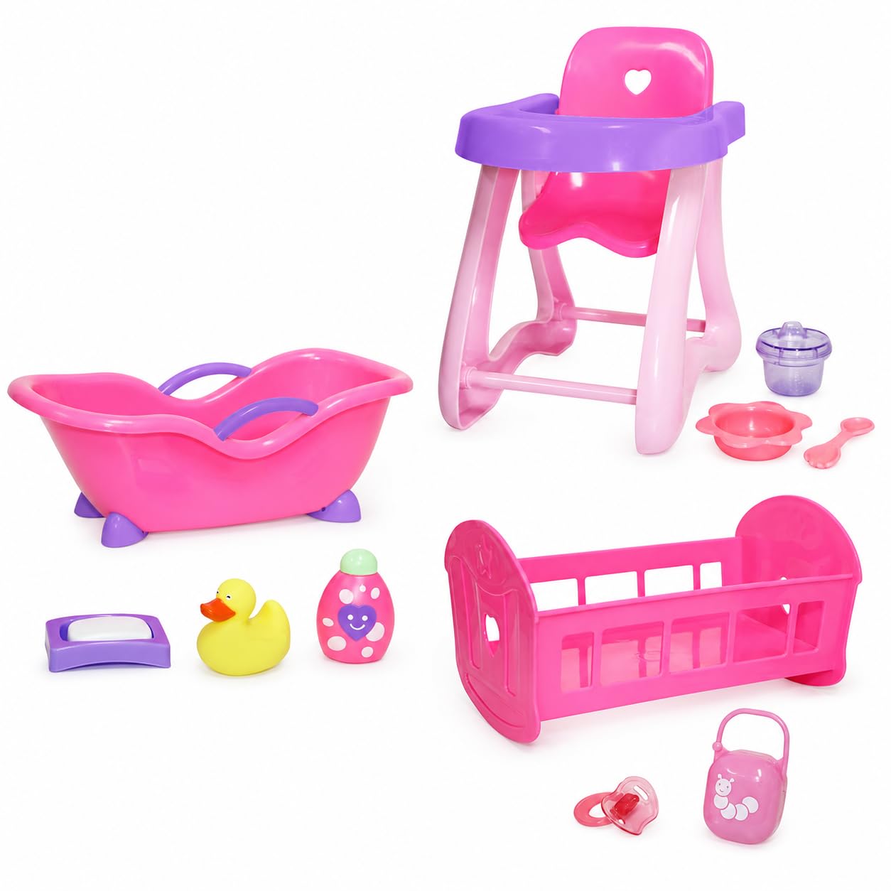 JC Toys Deluxe Doll Accessory Bundle | High Chair, Crib, Bath and Extra Accessories for Dolls up to 11" | Fits 11" La Baby & Other Similar Sized Dolls