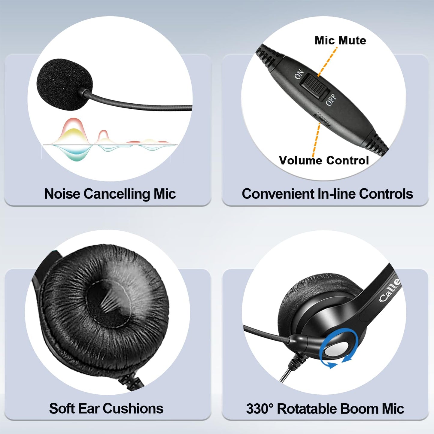 Callez RJ9 Telephone Headset Dual for Polycom Phone with Noise Cancelling Mic & Corded Office Phone Headset Compatible Polycom Avaya Plantronics ShoreTel Toshiba Digium Nortel Landline Phones