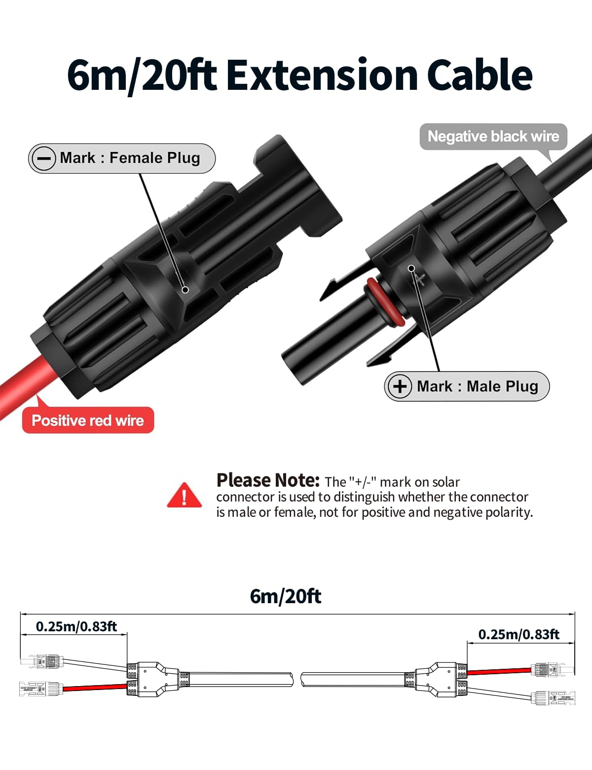 Tonton 20FT 10AWG Solar Panel Extension Cable, 6mm² Flat Solar Cable with Male and Female Solar Connector Adapters, IP67 Weatherproof, for RVs, Roofs, Boats, Auto Vehicles, and Solar Power Systems