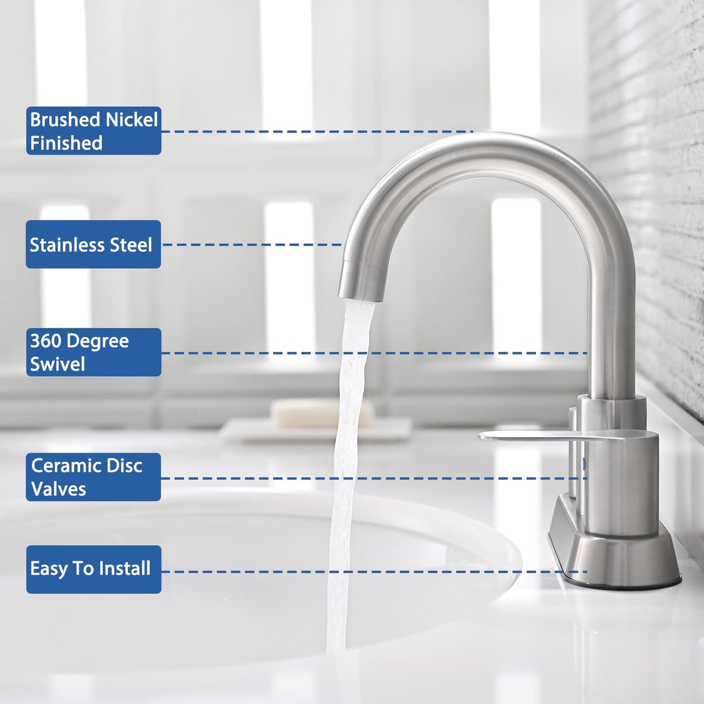 Brushed Nickel Bathroom Faucet, Two Handle Stainless Steel Bathroom Sink Faucet for 2 or 3 Hole, 4 inch Faucet Bathroom Sink with Pop Up Drain and Supply Line, RV Lavatory Vanity Sink Faucet, BF020L